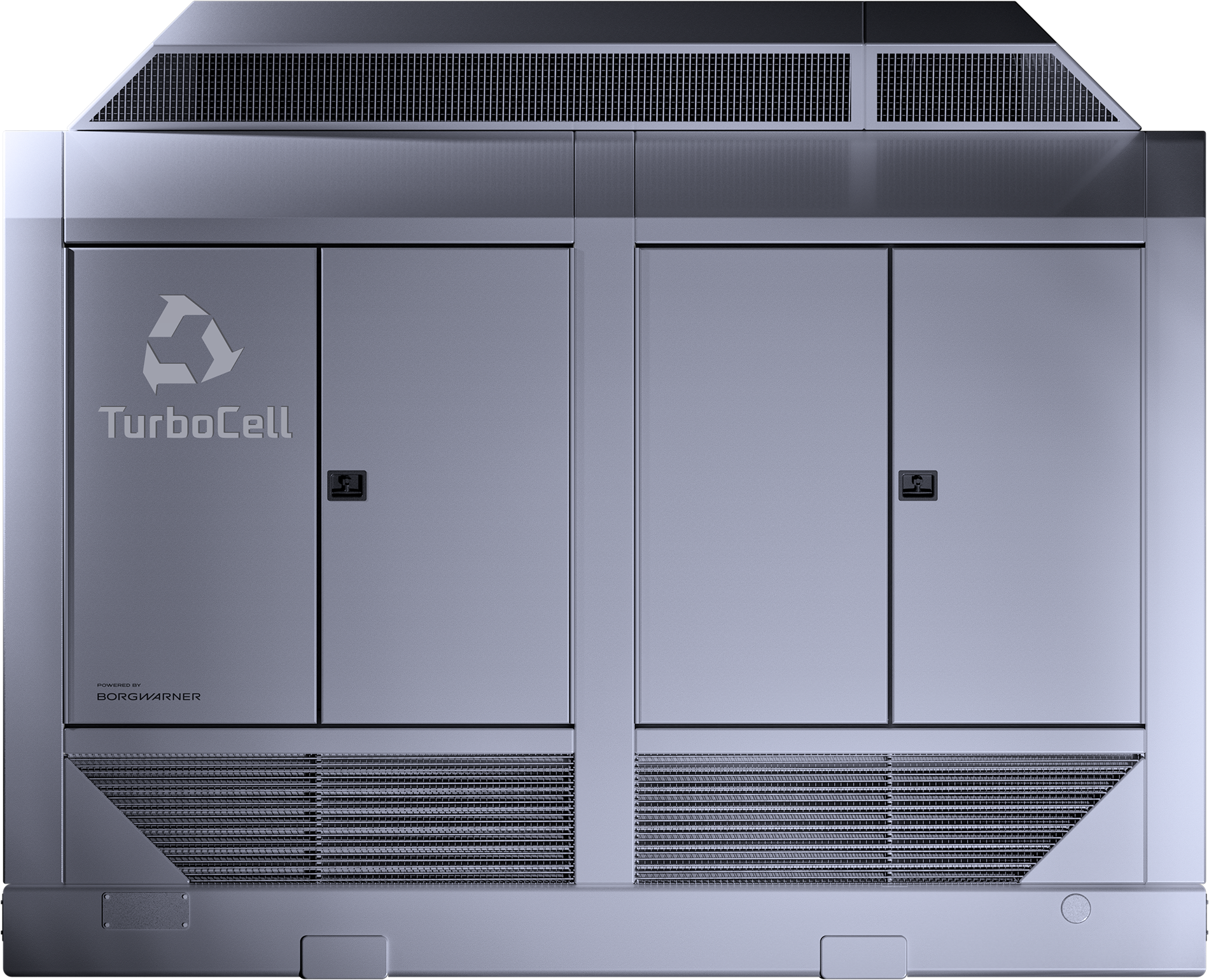 Front view of a large, industrial gray metal cabinet with ventilation grilles and two closed doors with handles.