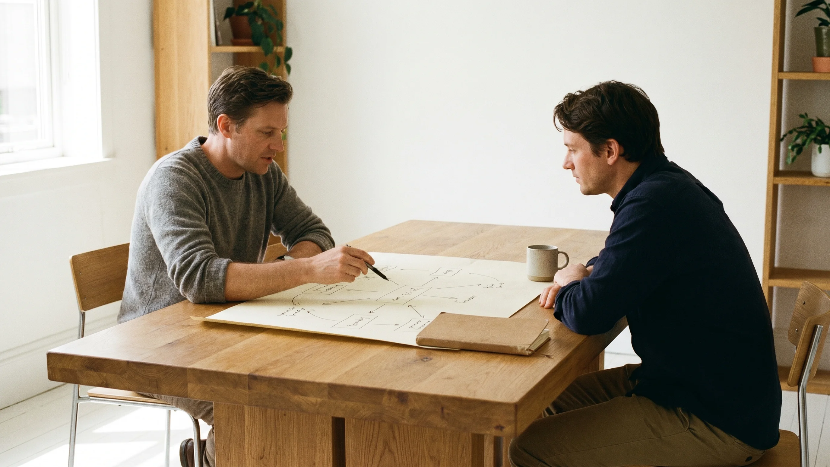 Twee ondernemers bespreken een groeistrategie aan een eikenhouten tafel met een handgetekend kwadrantdiagram