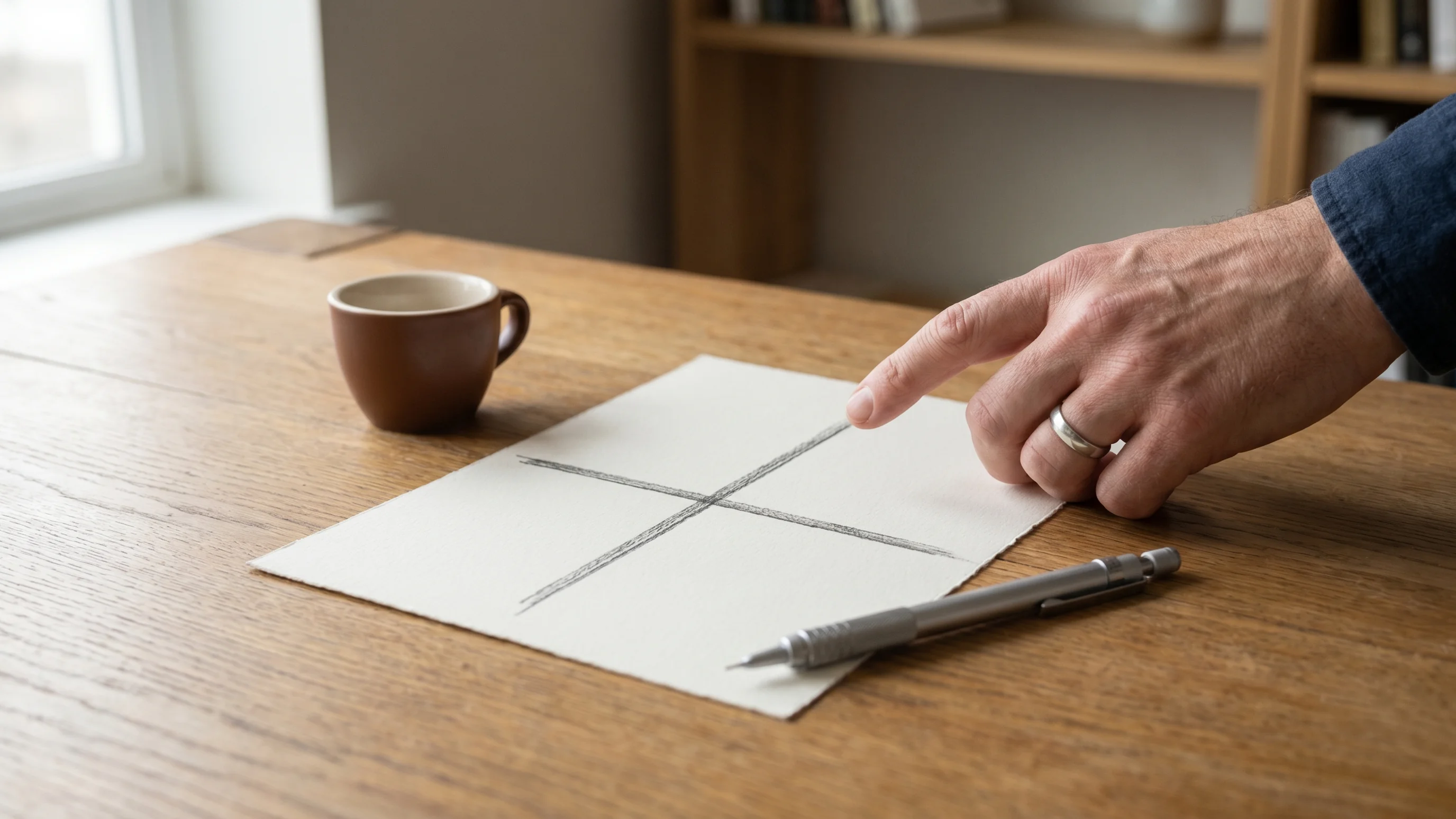 Zakenman wijst naar de Ansoff-matrix groeistrategie op papier, getekend op eikenhouten tafel met potlood en espresso