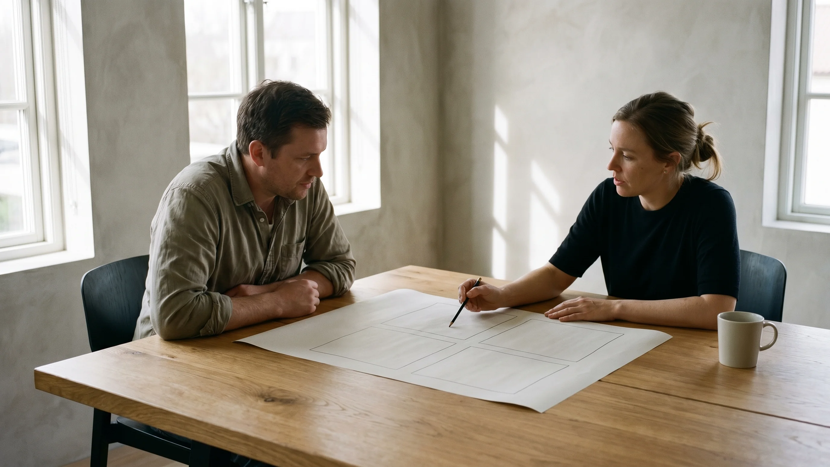 Twee mensen bespreken een groeistrategie aan een eikenhouten tafel met een schematisch raster op papier