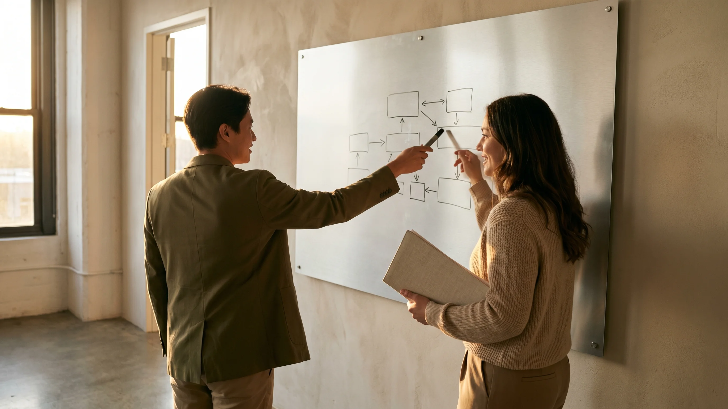 Twee collega's bespreken concrete sales- en marketingtactieken voor marktpenetratie op whiteboard