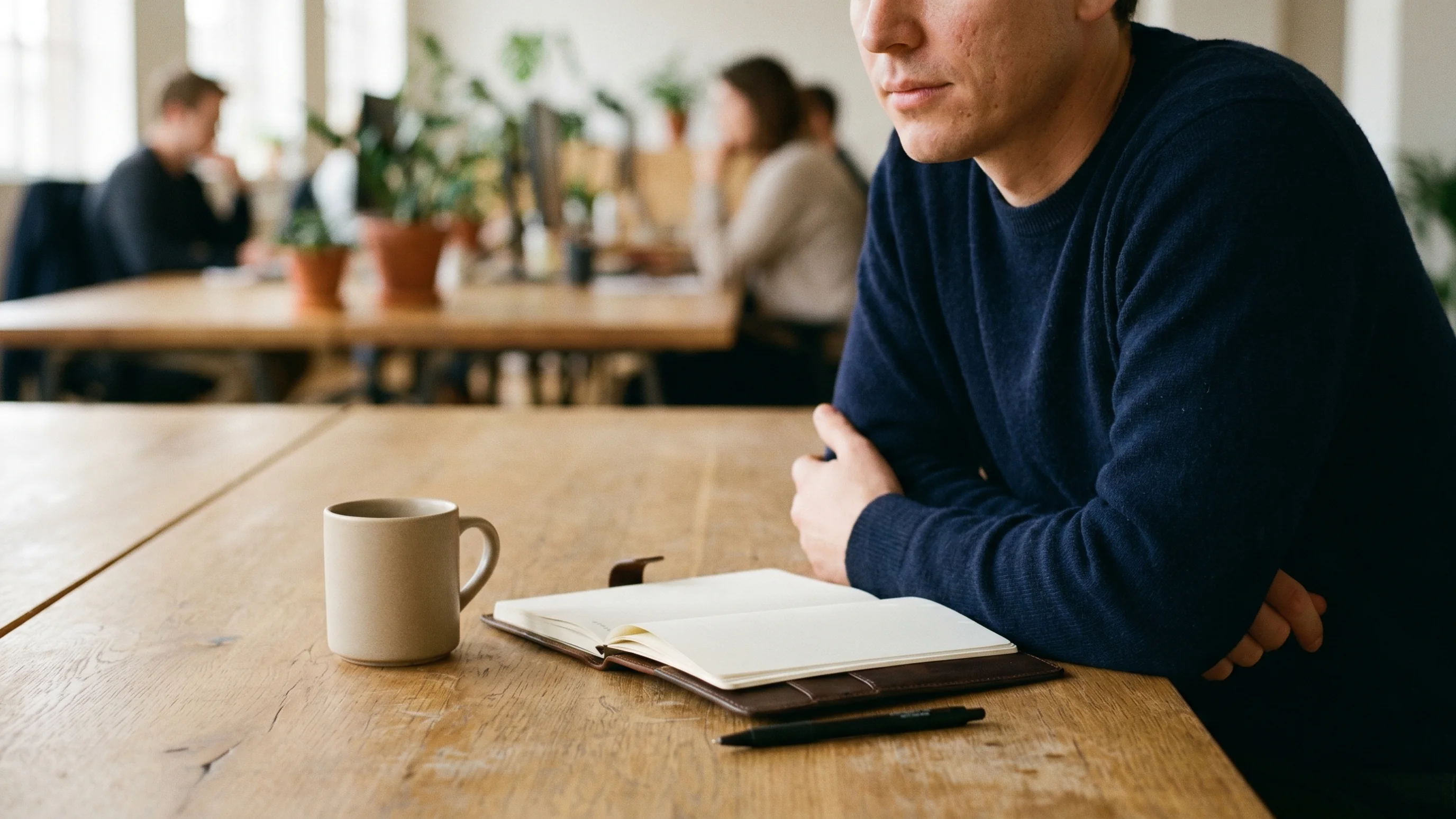 Ondernemer aan eikenhouten vergadertafel nadenkt over groeistrategie marktpenetratie in bestaande markt