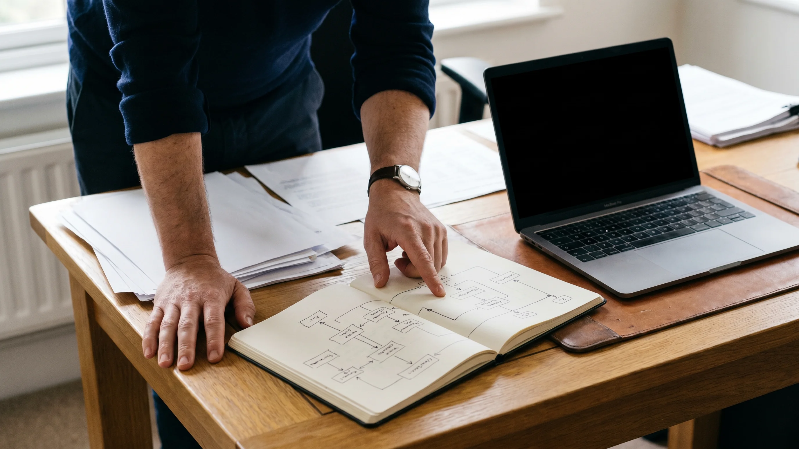 Ondernemer tekent sales strategie voorbeeld als stroomschema in notitieboek op houten bureau bij raam