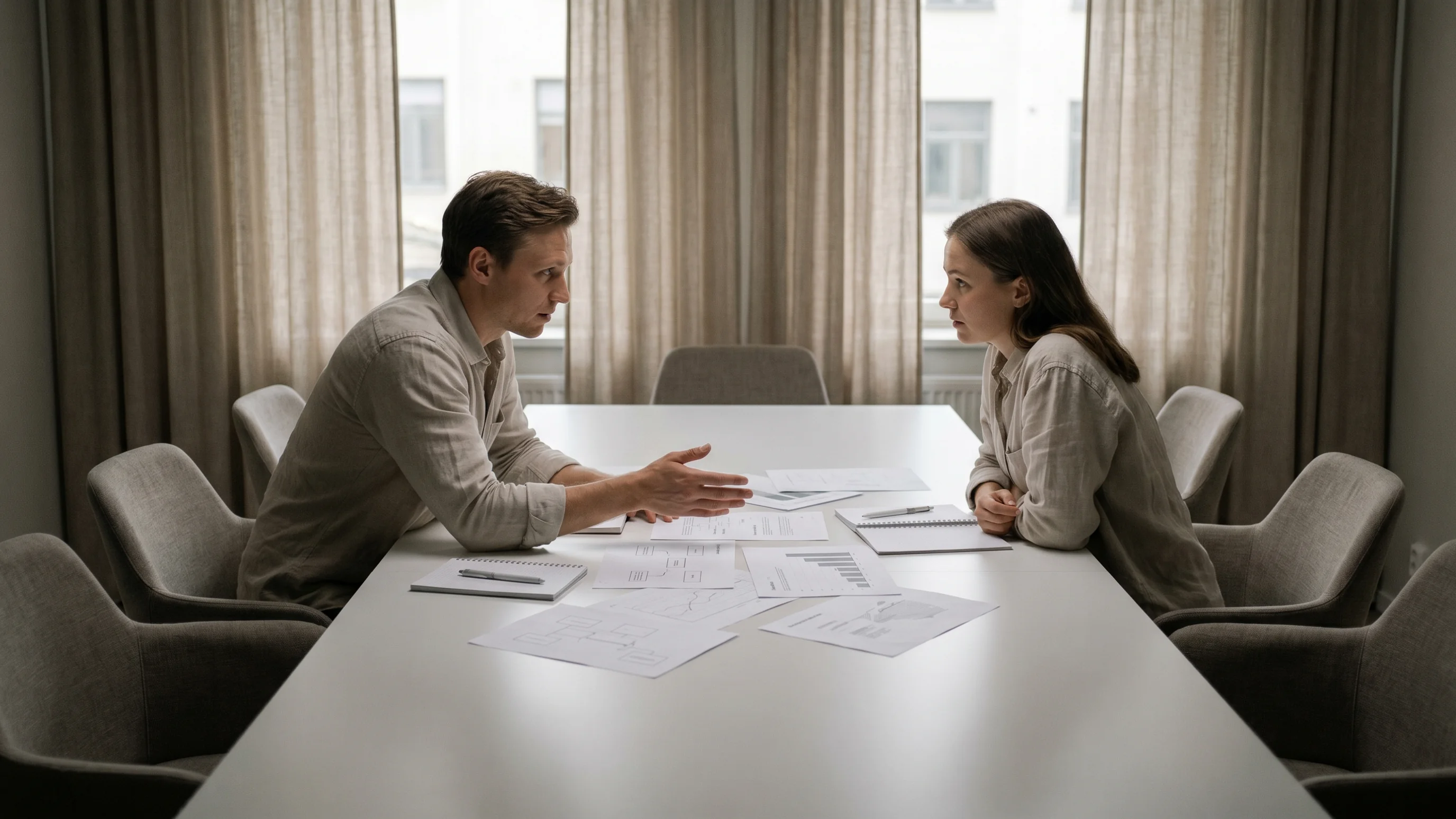 Marketing en sales team bespreken gezamenlijke strategie aan vergadertafel met uitgeprinte documenten
