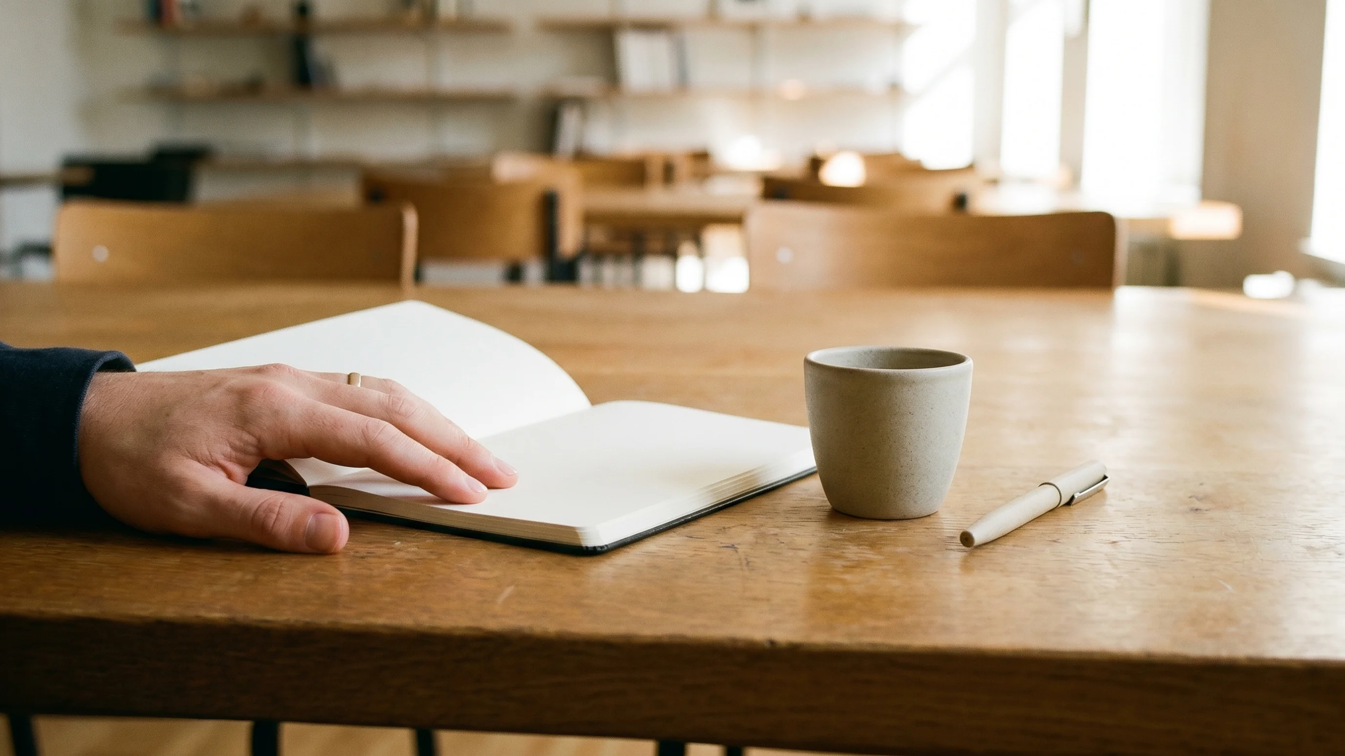 Ondernemer denkt na over salesstrategie met notitieboek en koffie op houten bureau