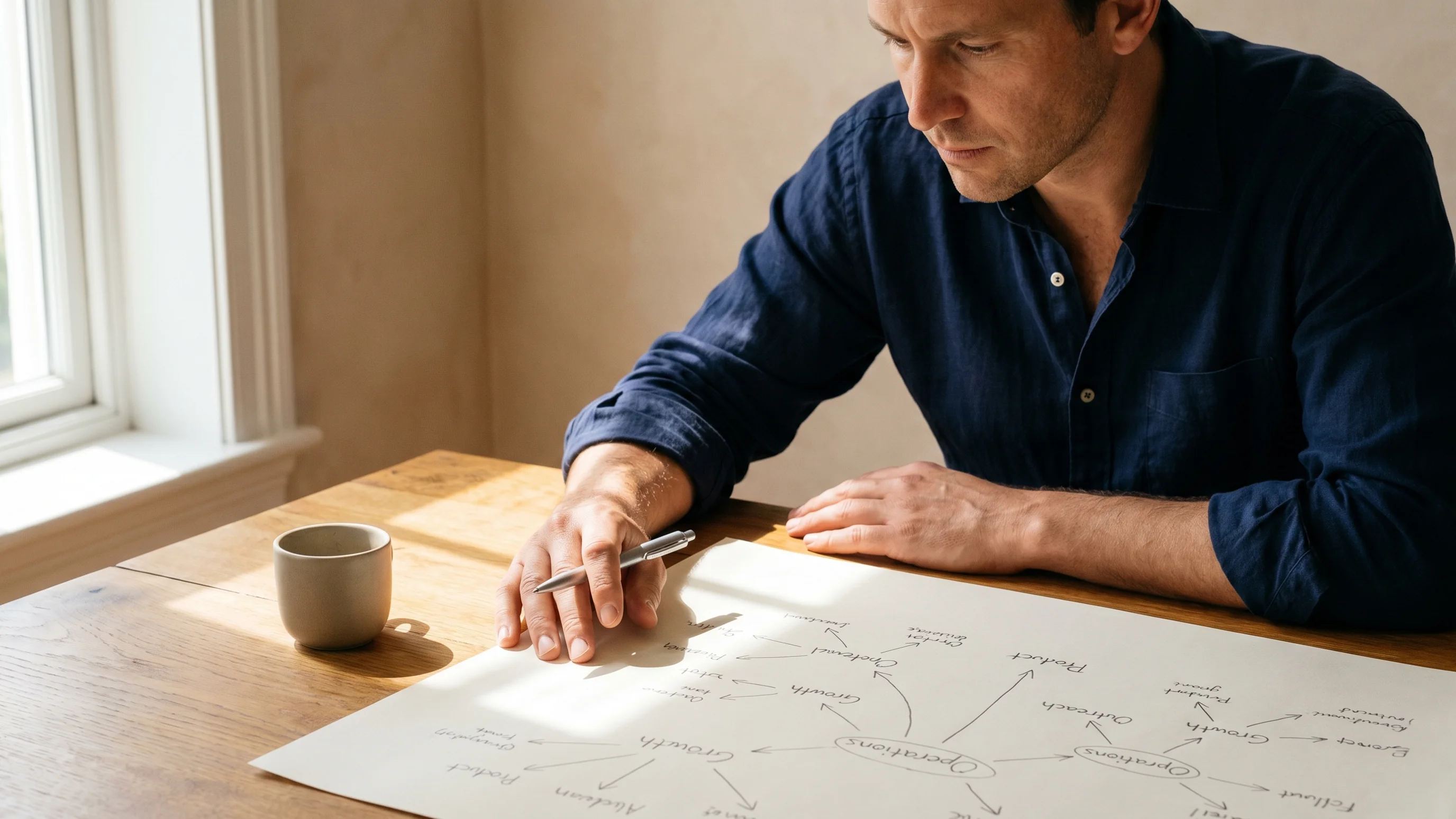 Ondernemer bestudeert salesstrategieën op papier met vertakkende pijlen aan eiken bureau bij raam