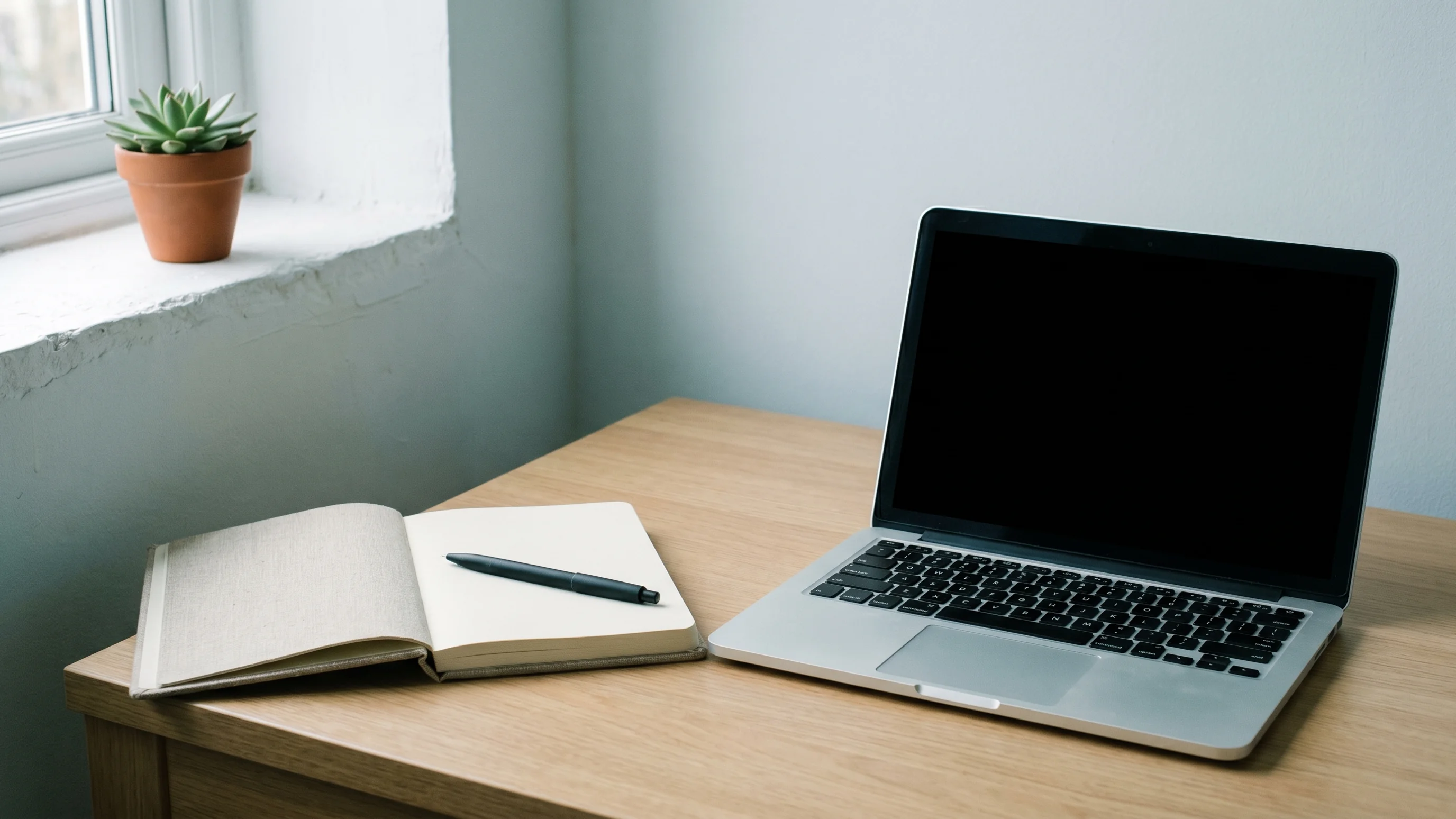 Rustige werkplek met laptop en notitieboek als symbool voor het kiezen van een salesstrategie