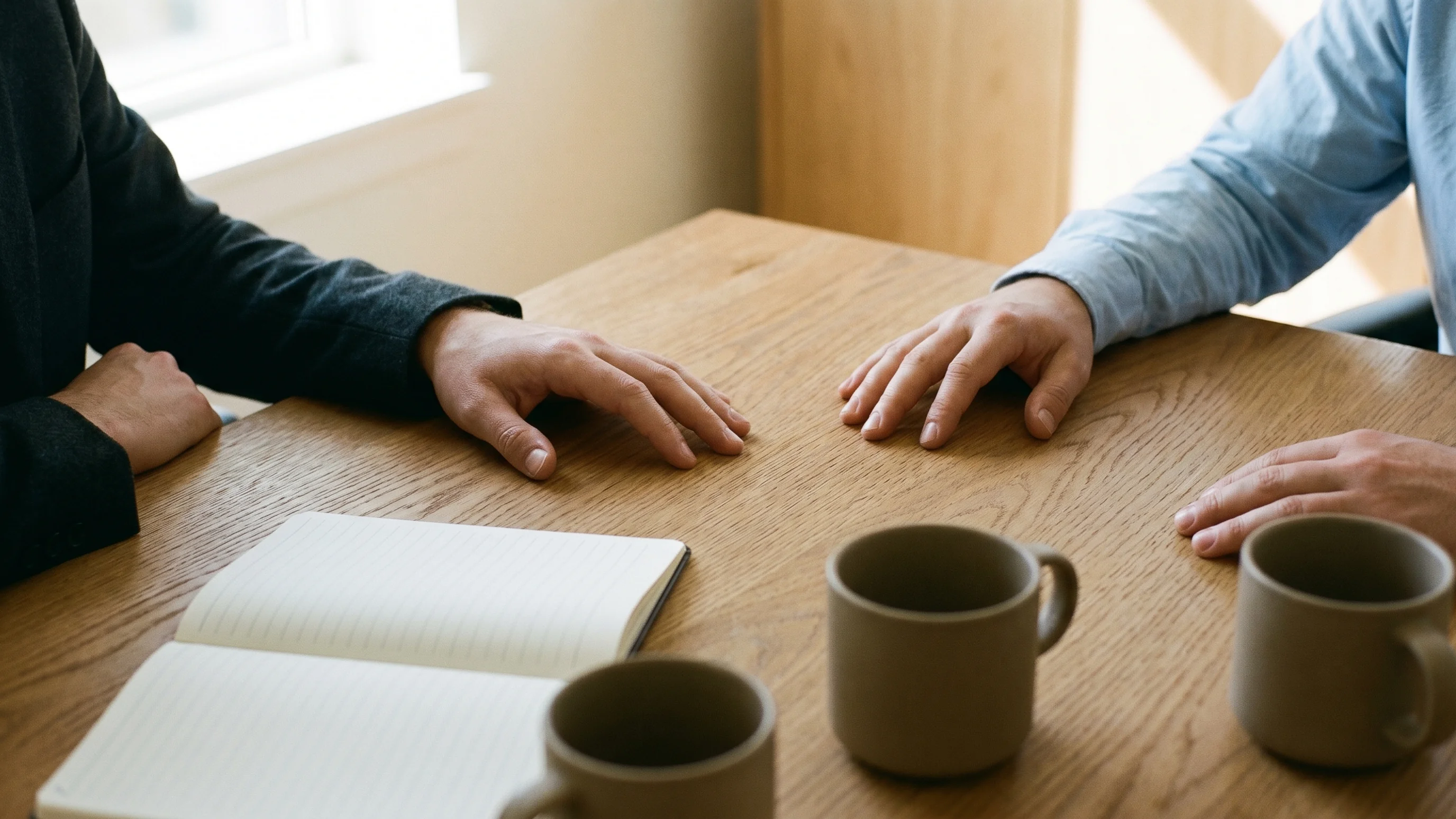 Twee zakelijke gesprekspartners aan een eikenhouten tafel tijdens een consultative sales gesprek