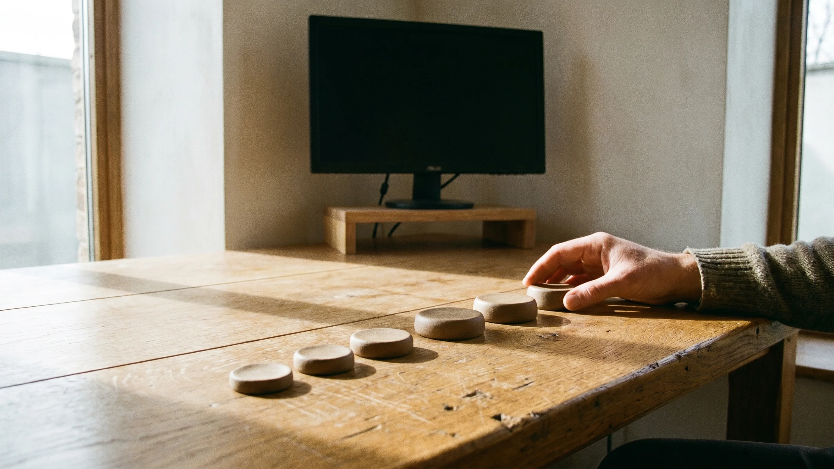 Eiken bureau met zeven keramische tokens in oplopende volgorde – visuele weergave van de 7 stappen van een verkoopstrategie
