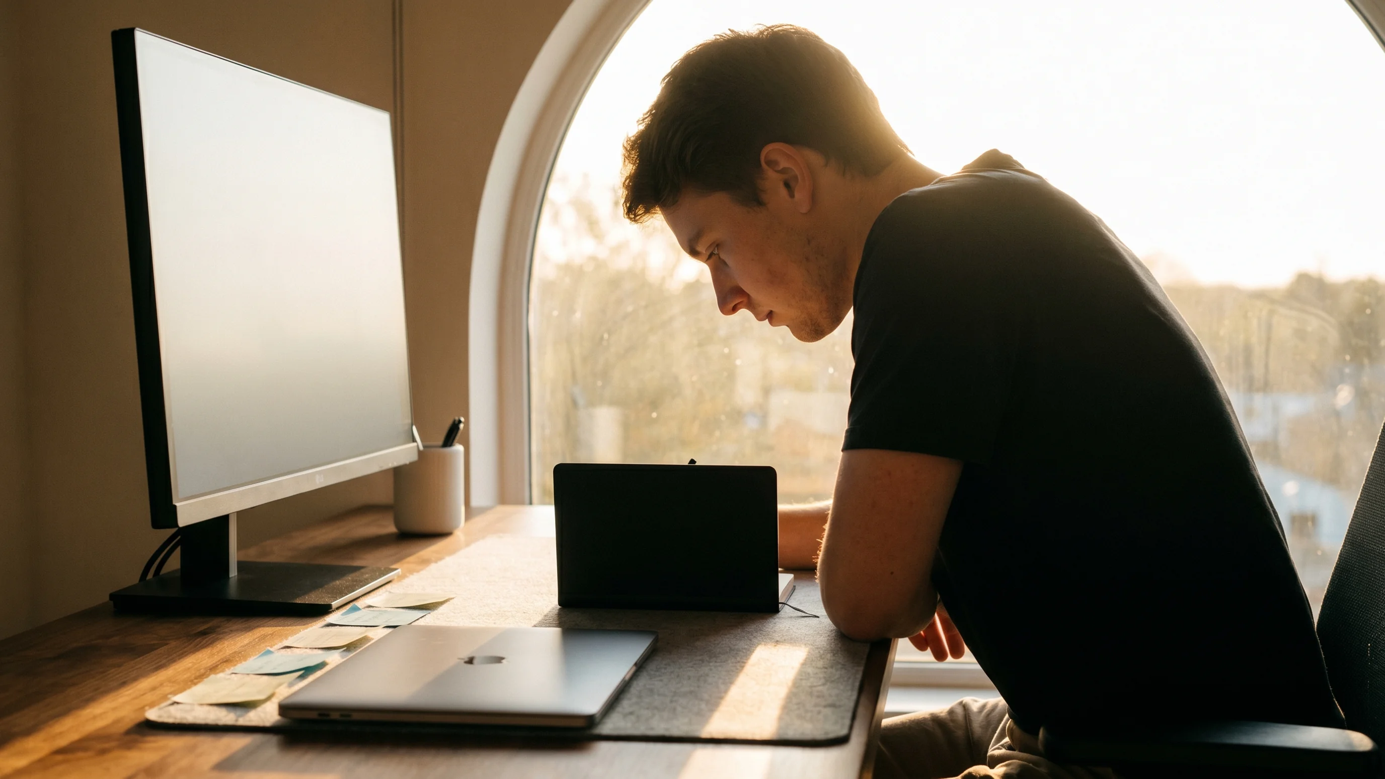 Ondernemer aan walnoten bureau stuurt op een salesdashboard met focus en rust in gouden avondlicht