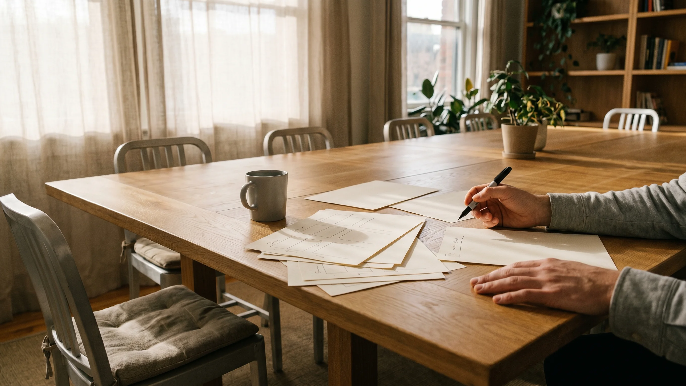 Twee personen aan een eikenhouten tafel plannen een verkoopstrategie met ongemerkte papieren en een marker