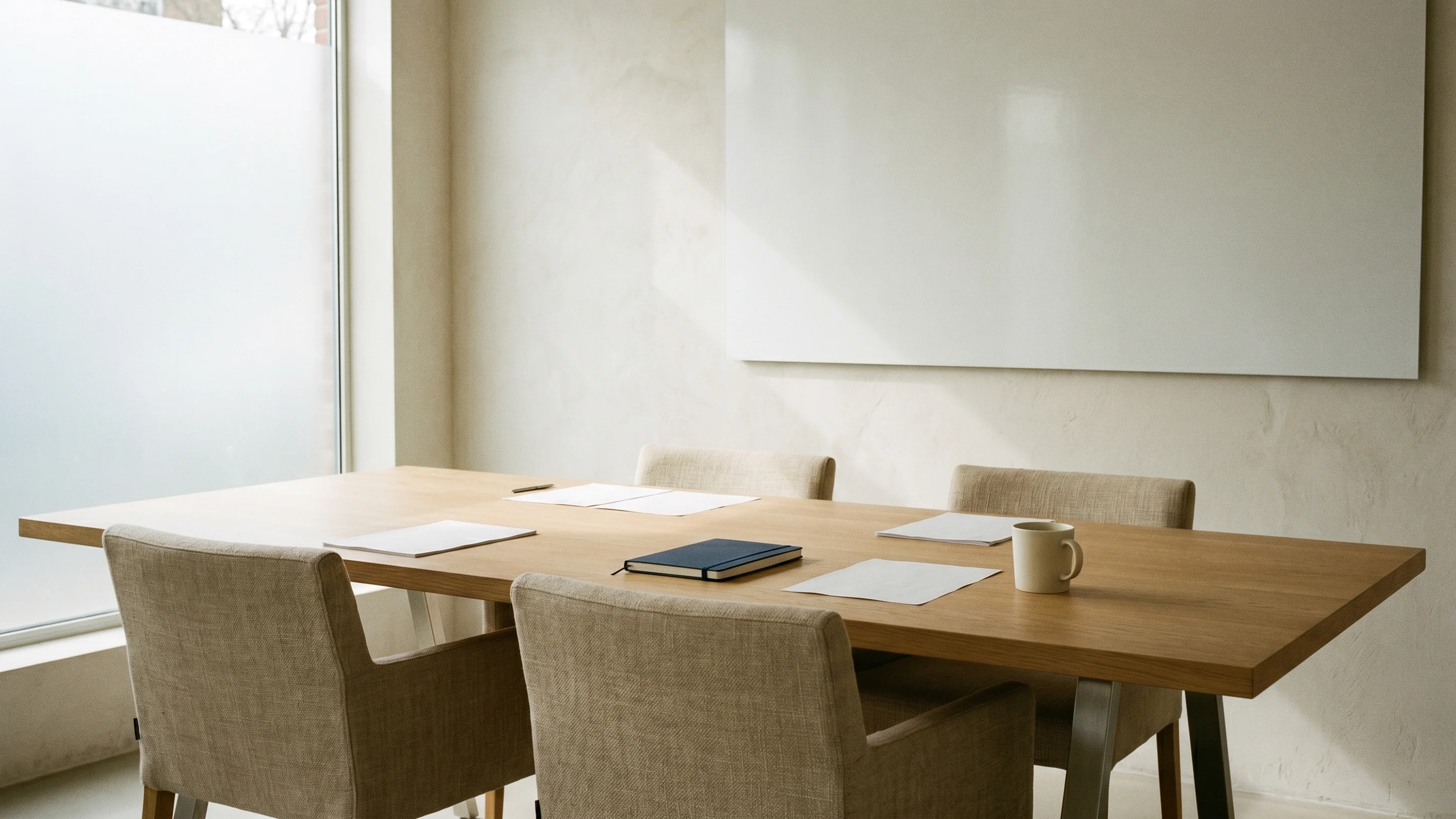 Lege vergaderruimte met eiken tafel en stoelen die een B2B besluitvormingsproces symboliseren