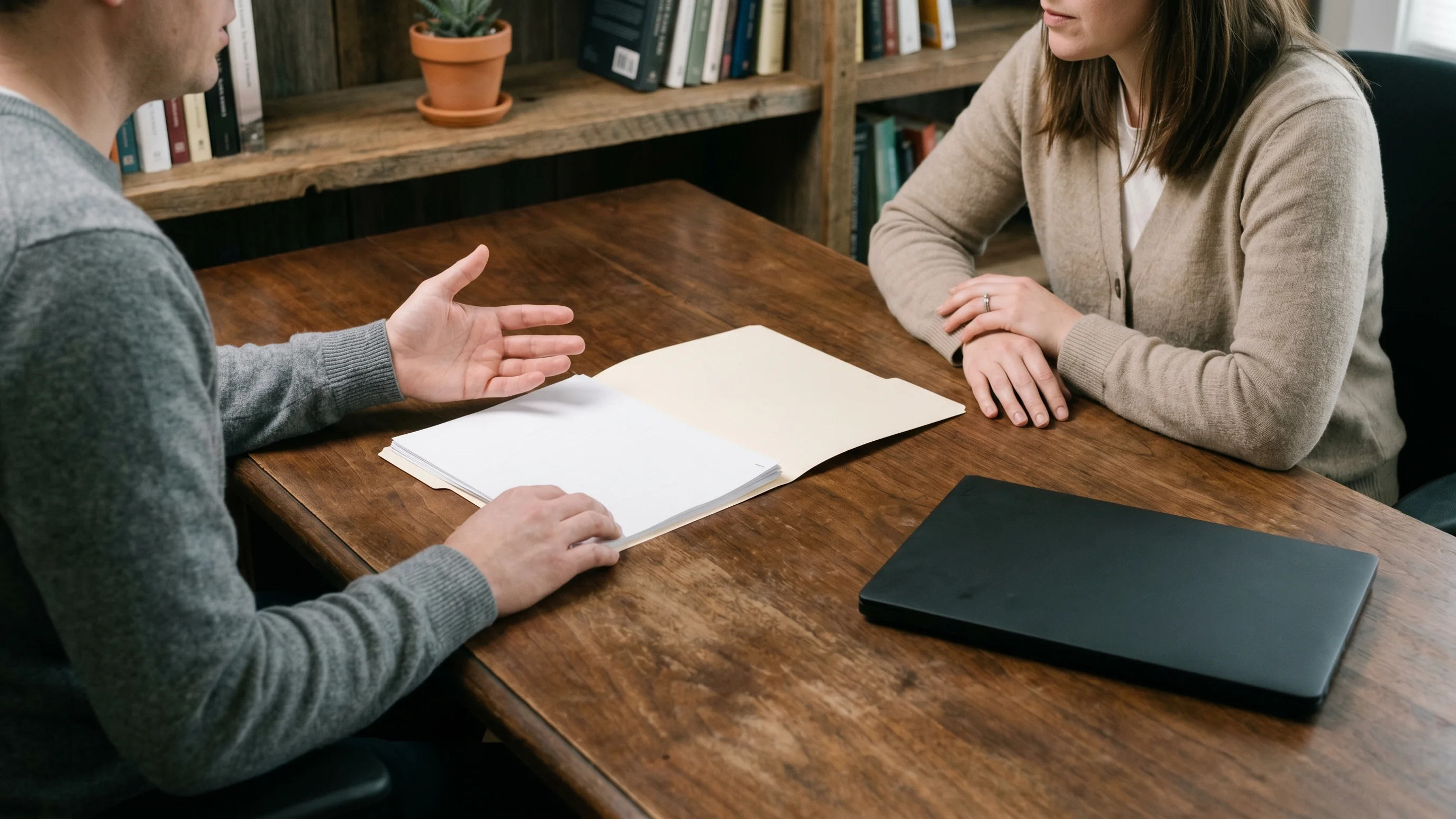 Twee zakelijke gesprekspartners aan een walnoten bureau tijdens een B2B salesgesprek over accountplanning