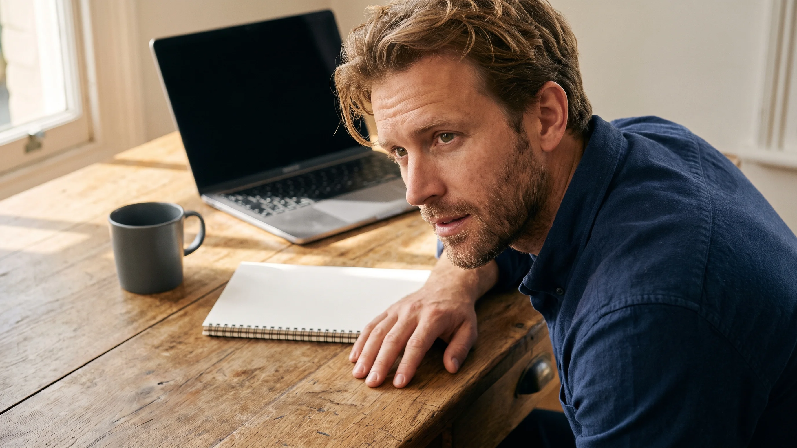 Nederlandse ondernemer aan eiken bureau nadenkt over AI implementatie strategie met notitieboek en koffie