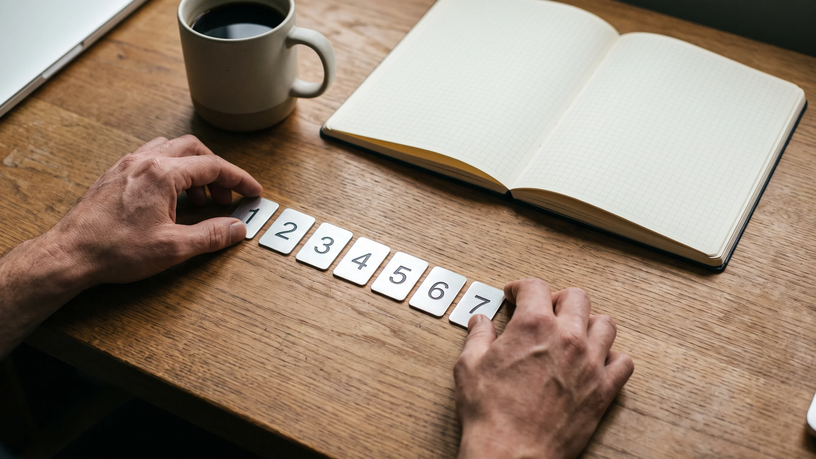 Stappenplan AI-implementatie in 7 fasen: strateeg rangschikt zeven genummerde aluminium tegels op eikenhouten bureau