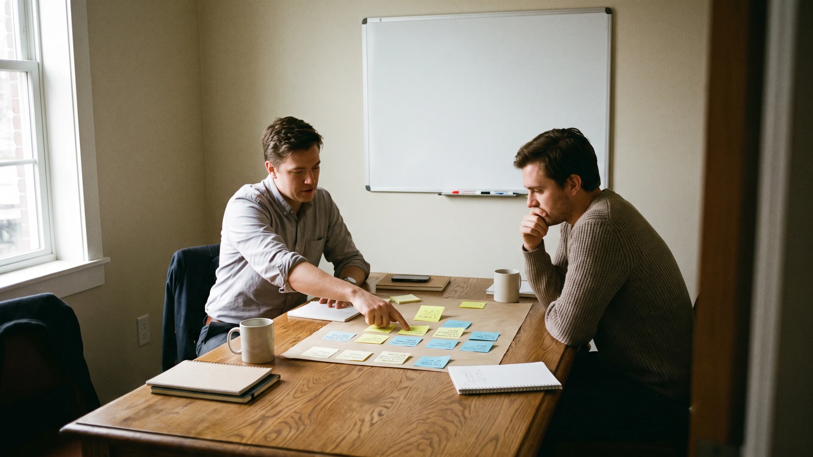 Twee collega's bespreken AI-implementatie stappenplan met sticky notes op een houten tafel