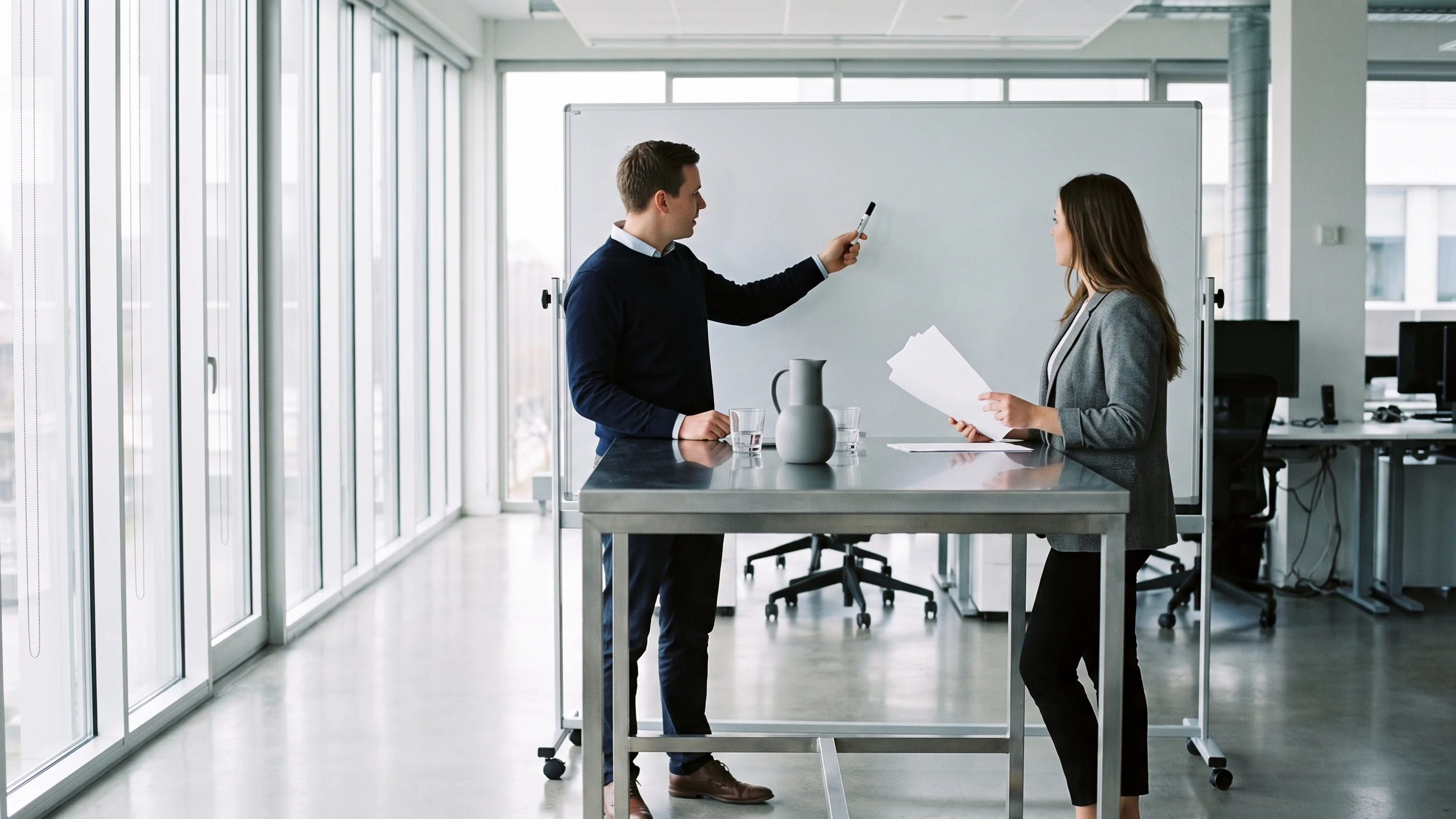 Twee MKB-ondernemers bespreken AI use case prioritering bij een whiteboard in een lichte werkruimte