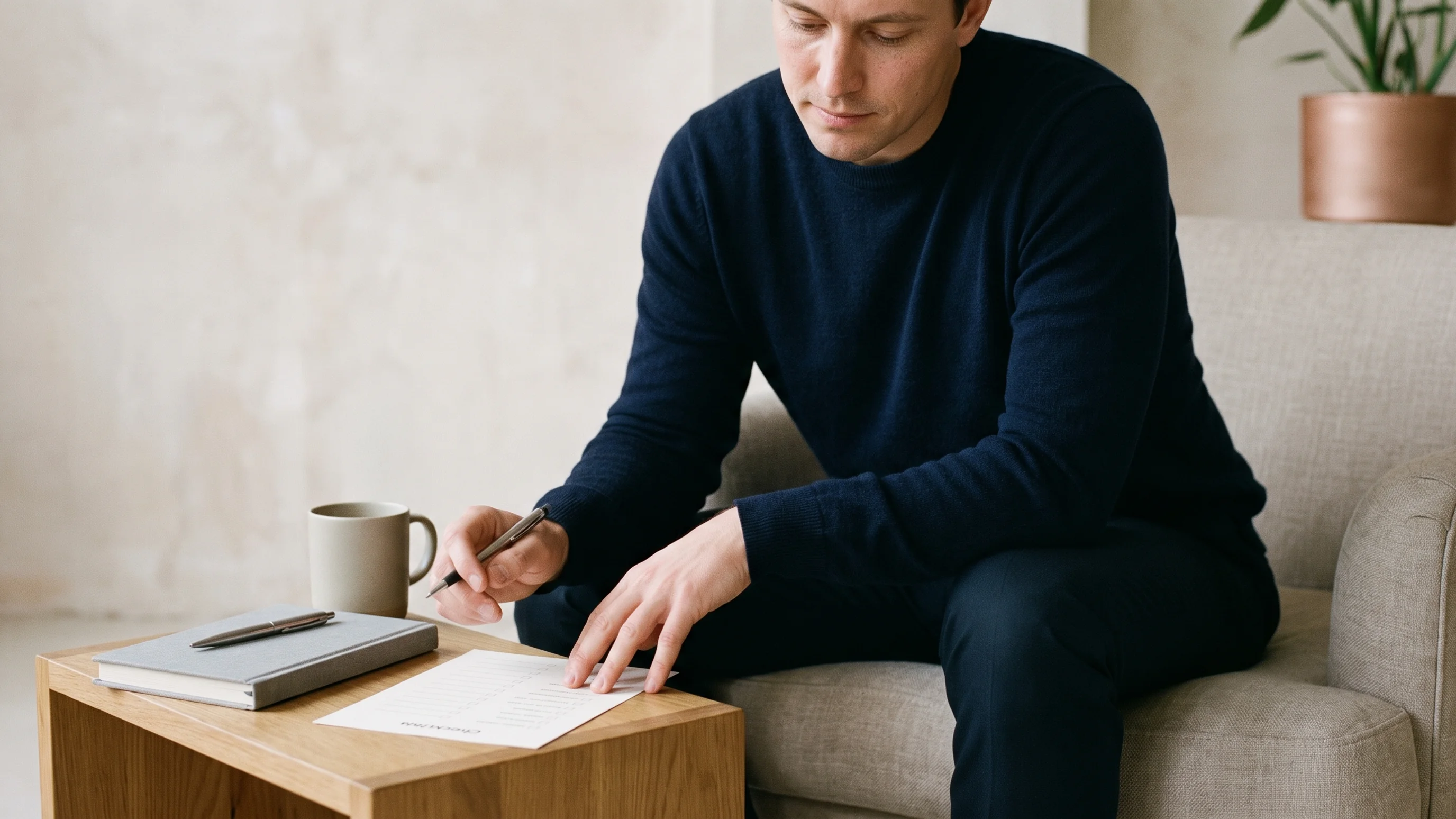 Commerciële medewerker bekijkt checklist voor AI-doelen met koffie op een houten bureau
