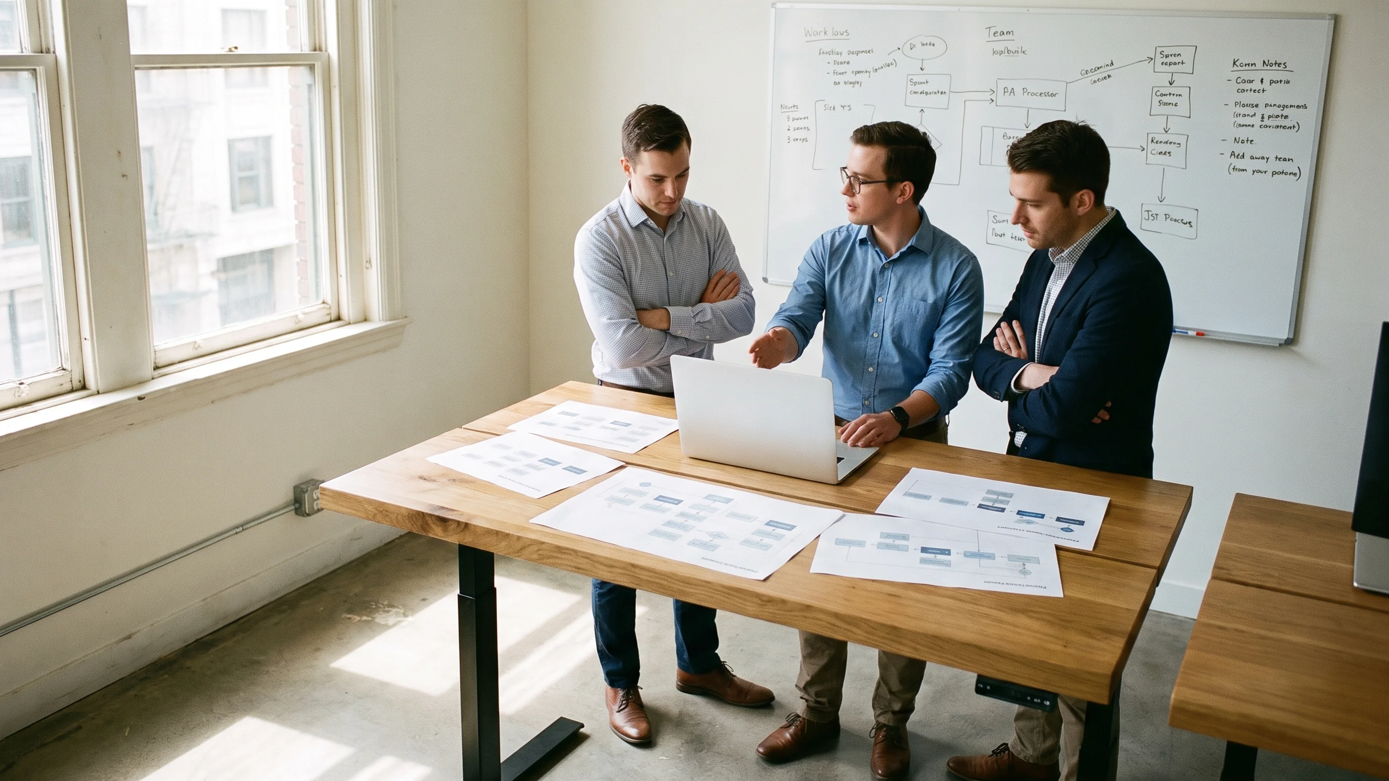 Teamoverleg over AI-implementatie bij een staand bureau met procesdocumenten en een leeg scherm