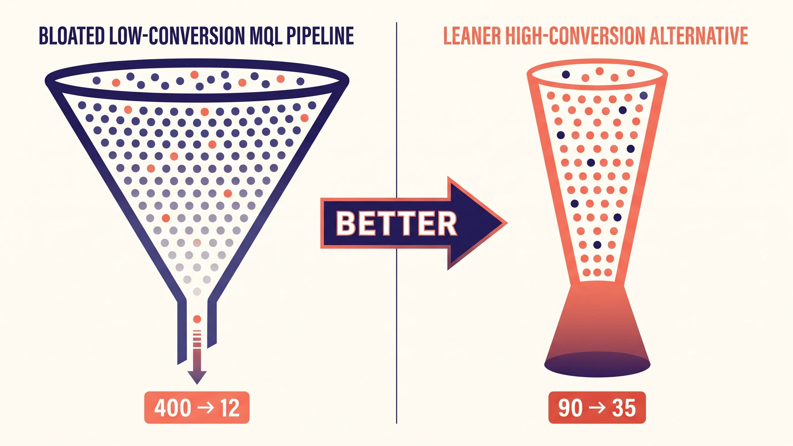 Infographic vergelijking van groot MQL-volume met lage SQL-conversie versus kleiner volume met hogere SQL-conversieratio in B2B sales funnel