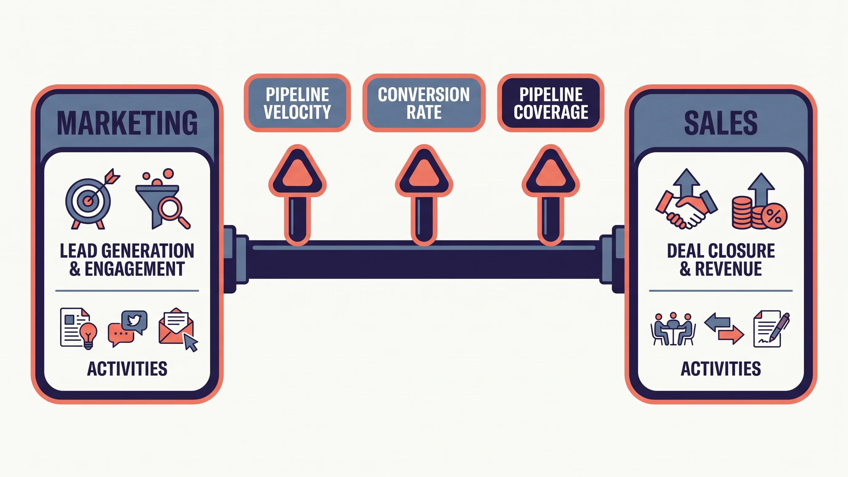 Illustratie van vier gedeelde funnel-KPI's die sales en marketing verbinden in één B2B-dashboard