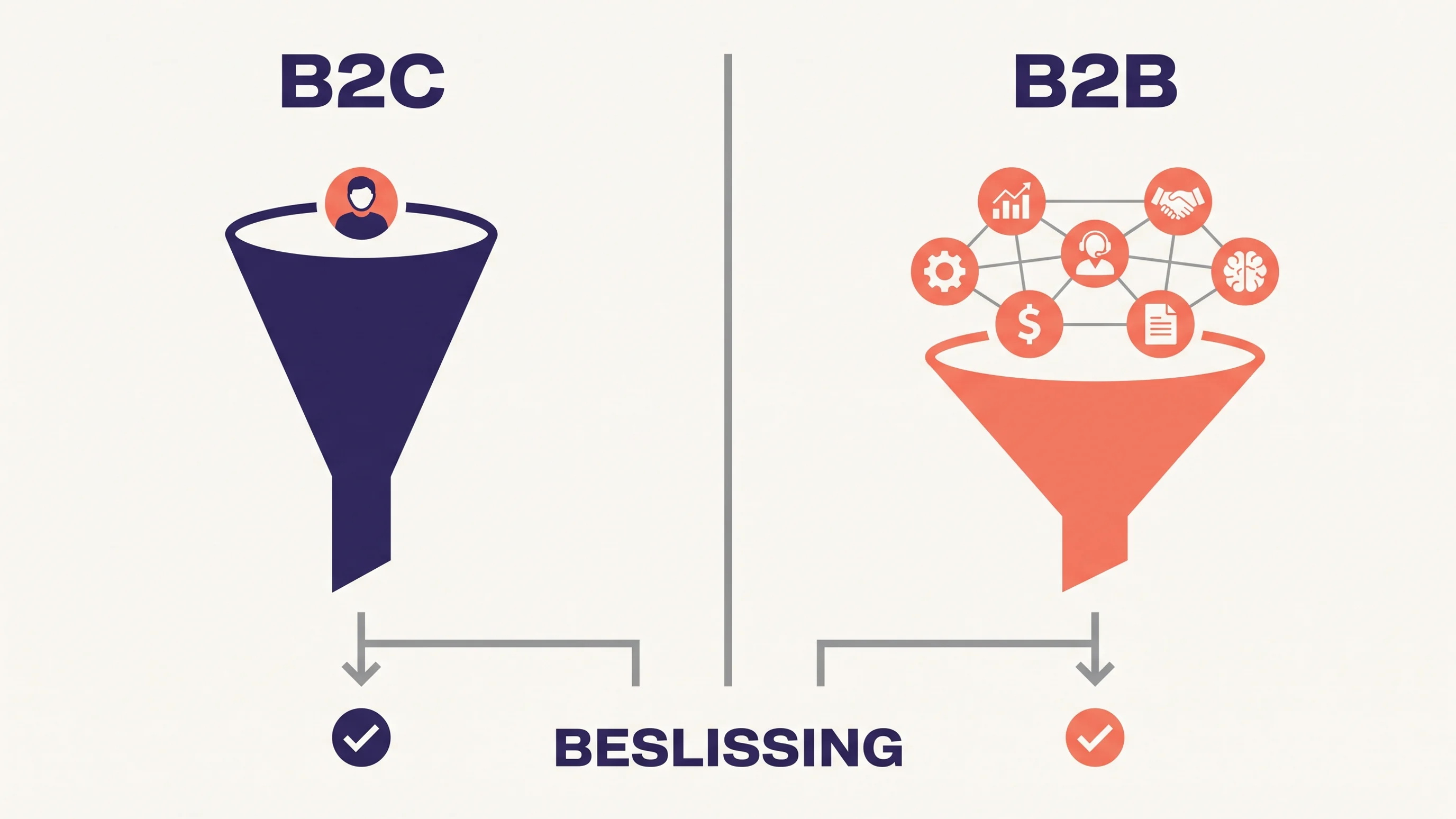 Diagram met B2C en B2B sales funnels naast elkaar: B2C toont één koper, B2B een groep stakeholders die samen een beslissing nemen.