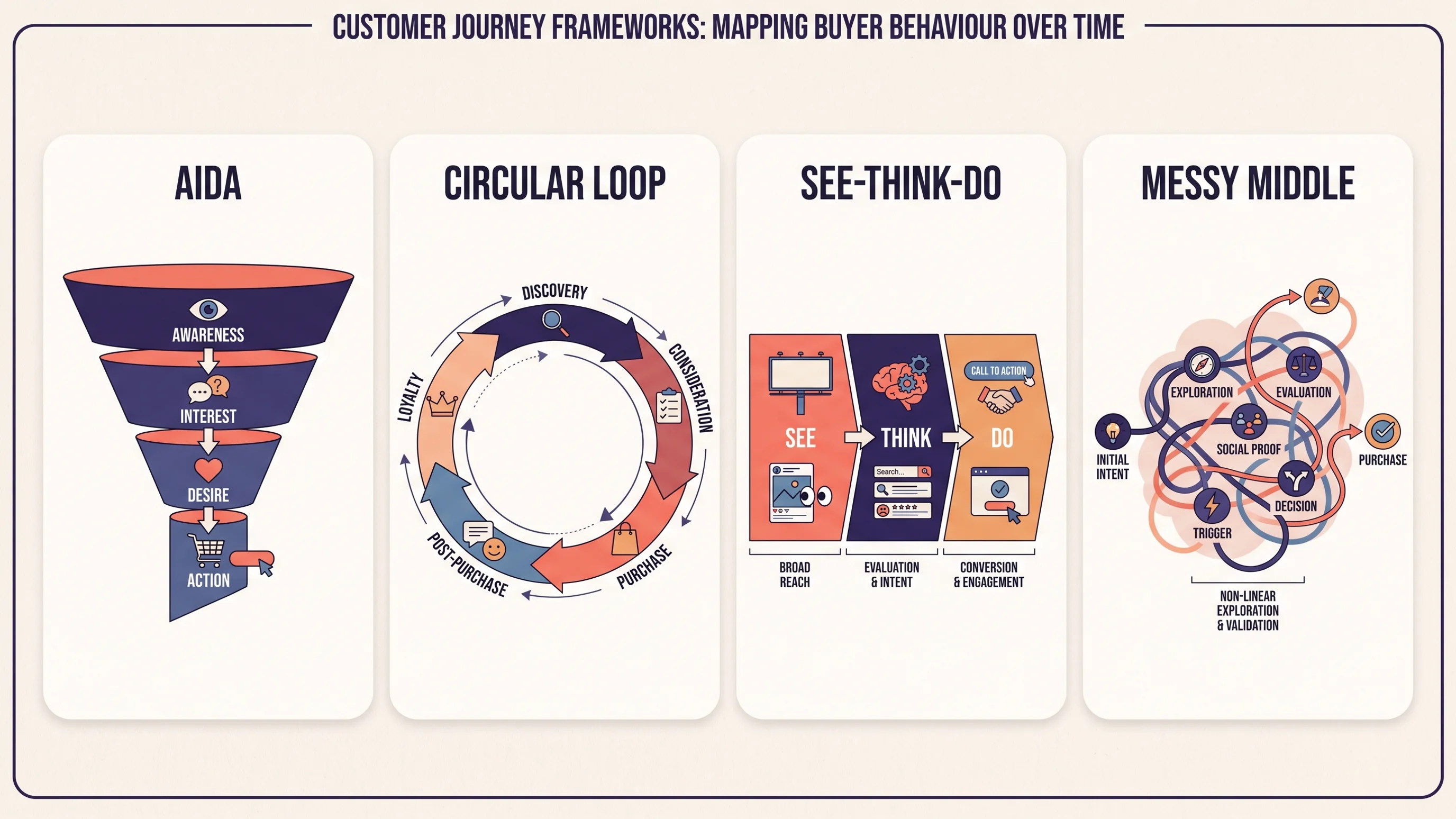 Overzicht van vier customer journey modellen: AIDA, McKinsey, See-Think-Do-Care en het Messy Middle
