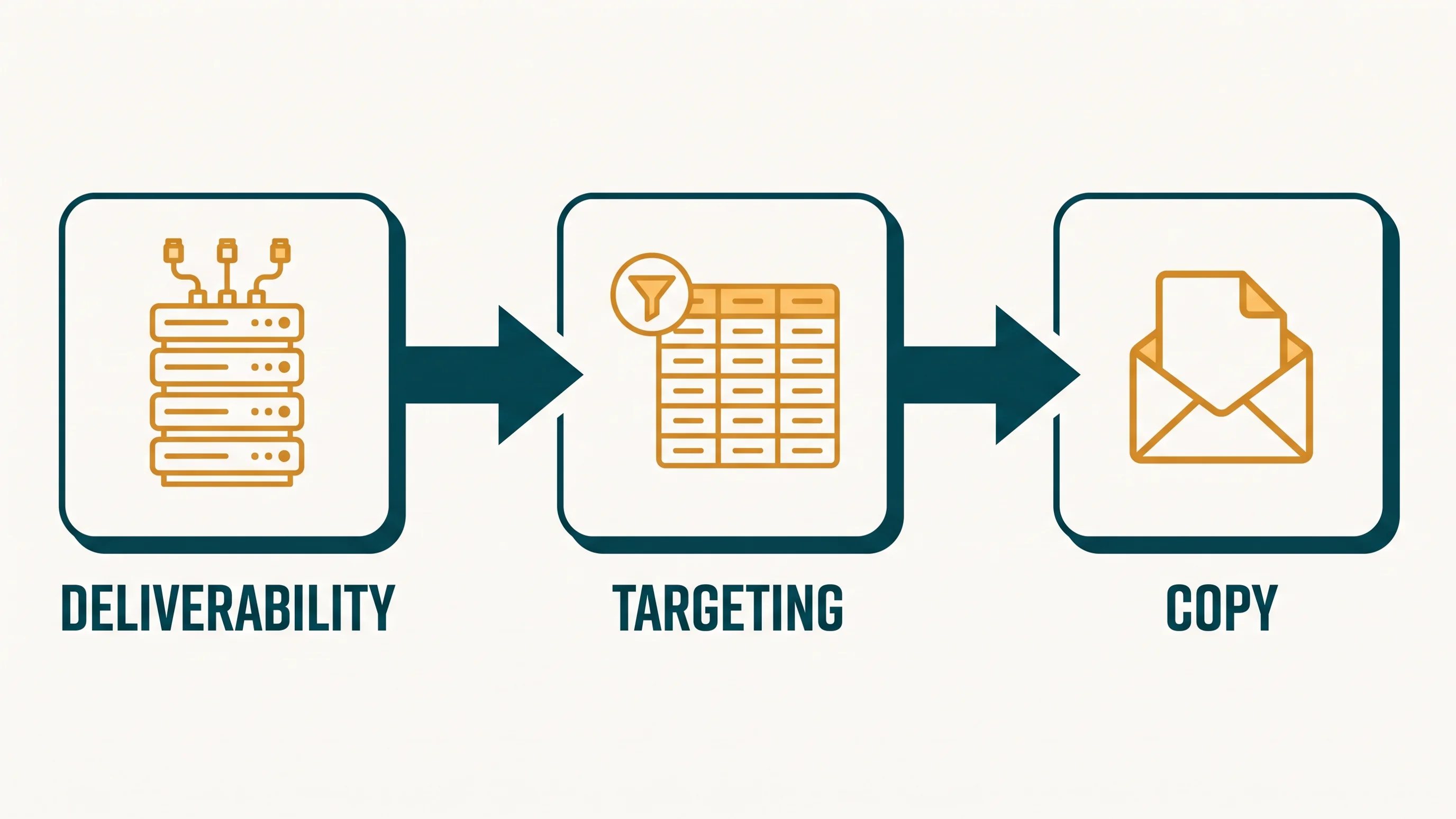 Diagram van cold email strategie in 3 stappen: deliverability, targeting en copy, verbonden door pijlen.