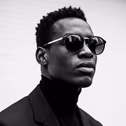 Black and white portrait of a confident man wearing sunglasses and a turtleneck blazer.