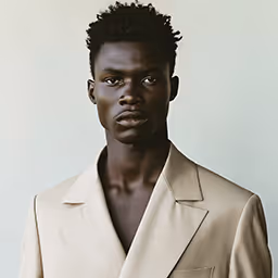 Portrait of a young man with short curly hair wearing a beige blazer, looking directly at the camera.