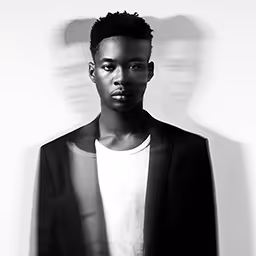 Black and white photo of a man in a white shirt and dark blazer with blurred multiple exposures behind him.