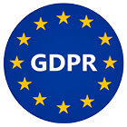 Blue circular GDPR badge with yellow stars arranged in a circle around the text.