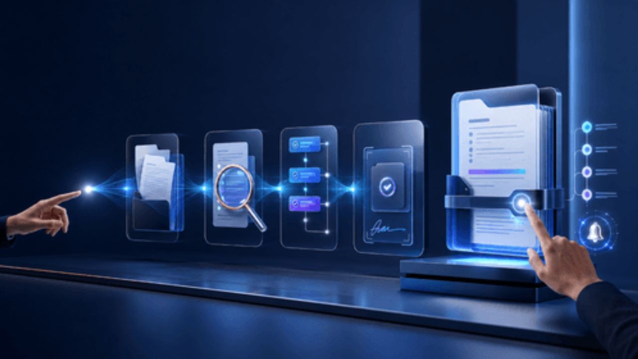 Icones technos et intelligence artificielle sur fond noir
