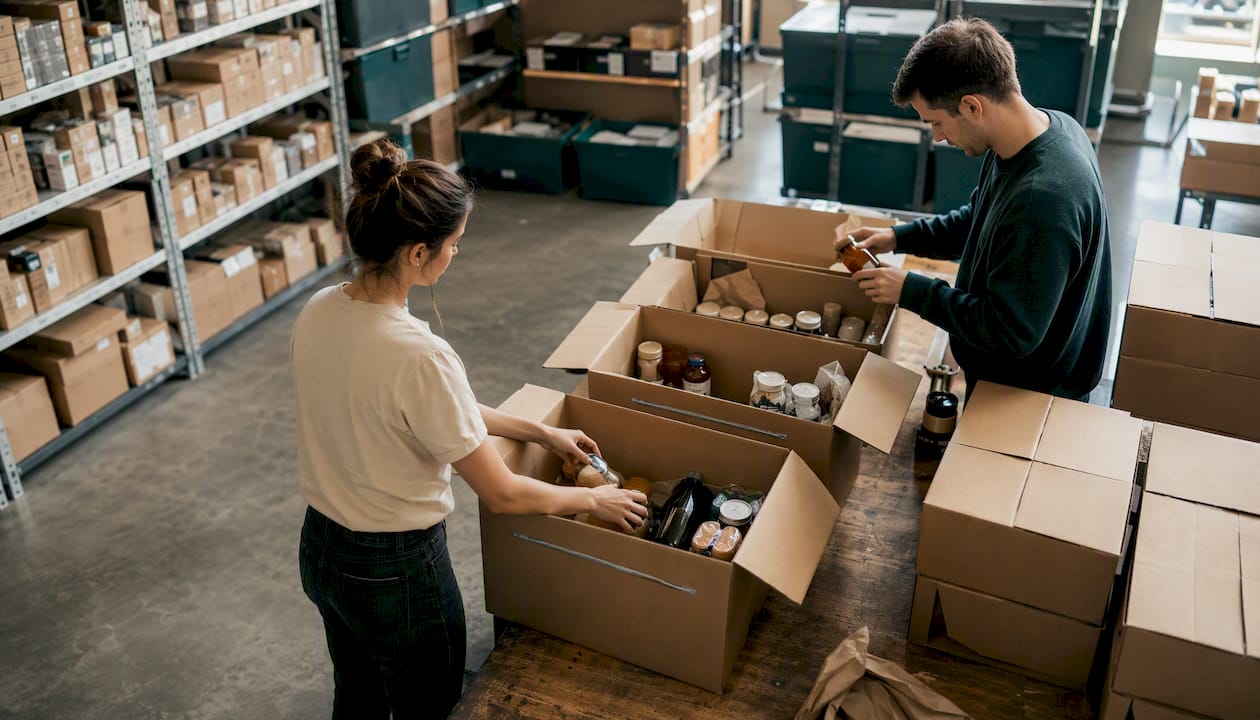Hands packing boxes in warehouse