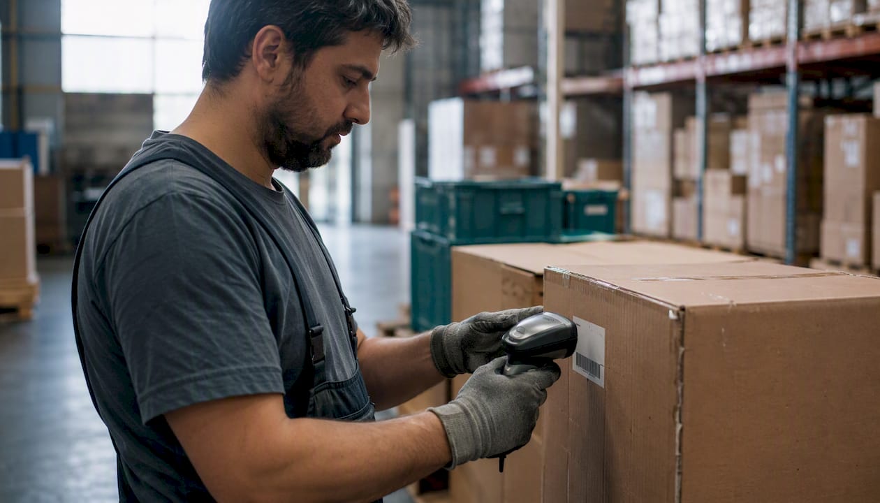 Hands labeling inventory boxes