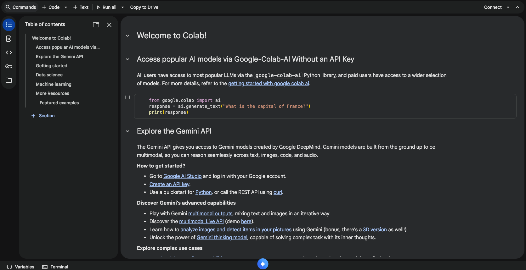 Google Colab homepage with browser-based notebooks and managed runtimes.