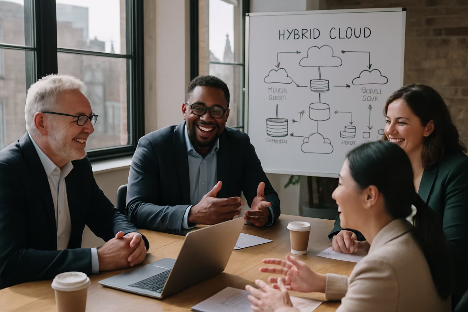 Team discussing benefits of hybrid cloud