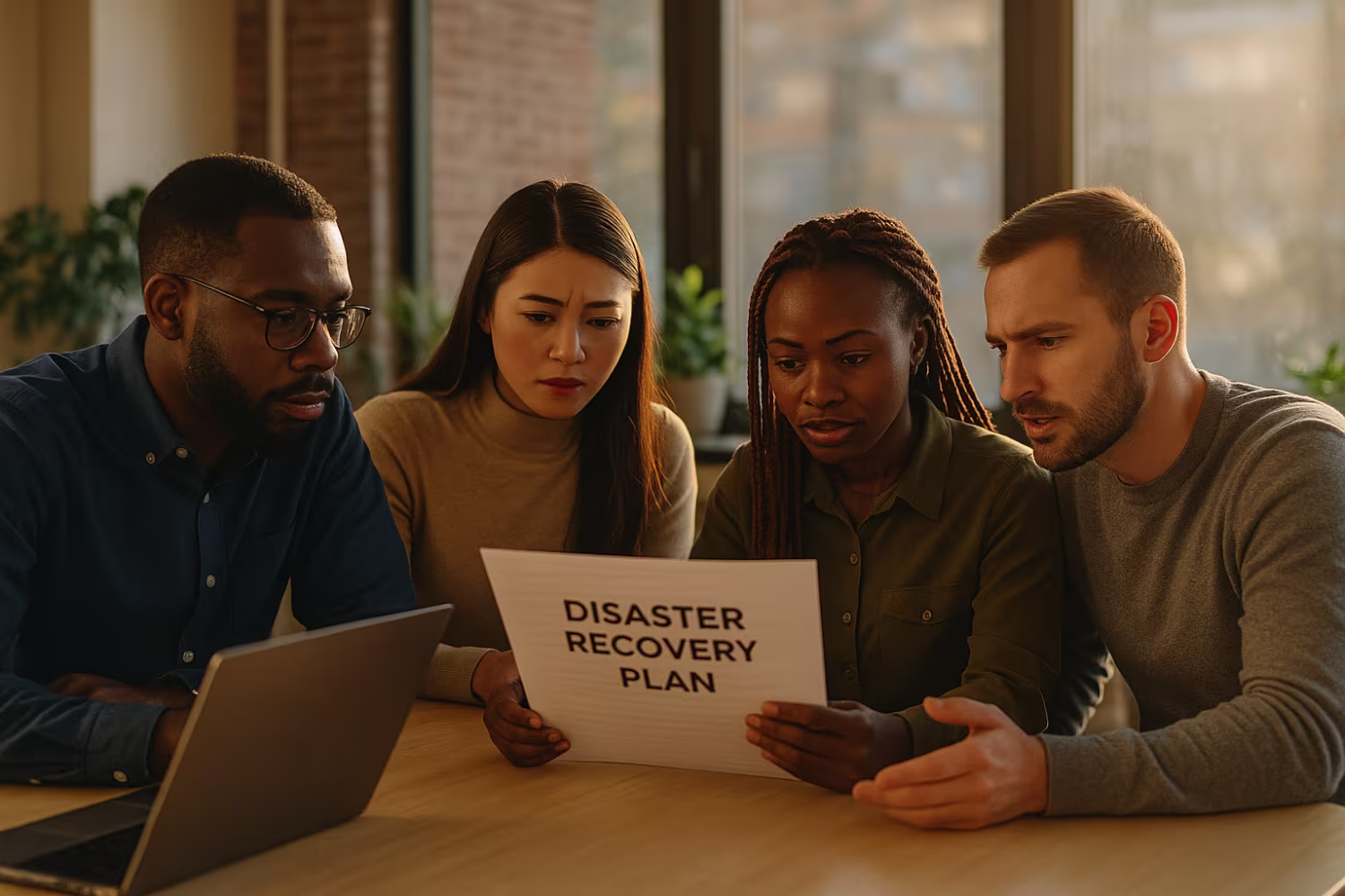 Diverse IT team discussing disaster recovery plan