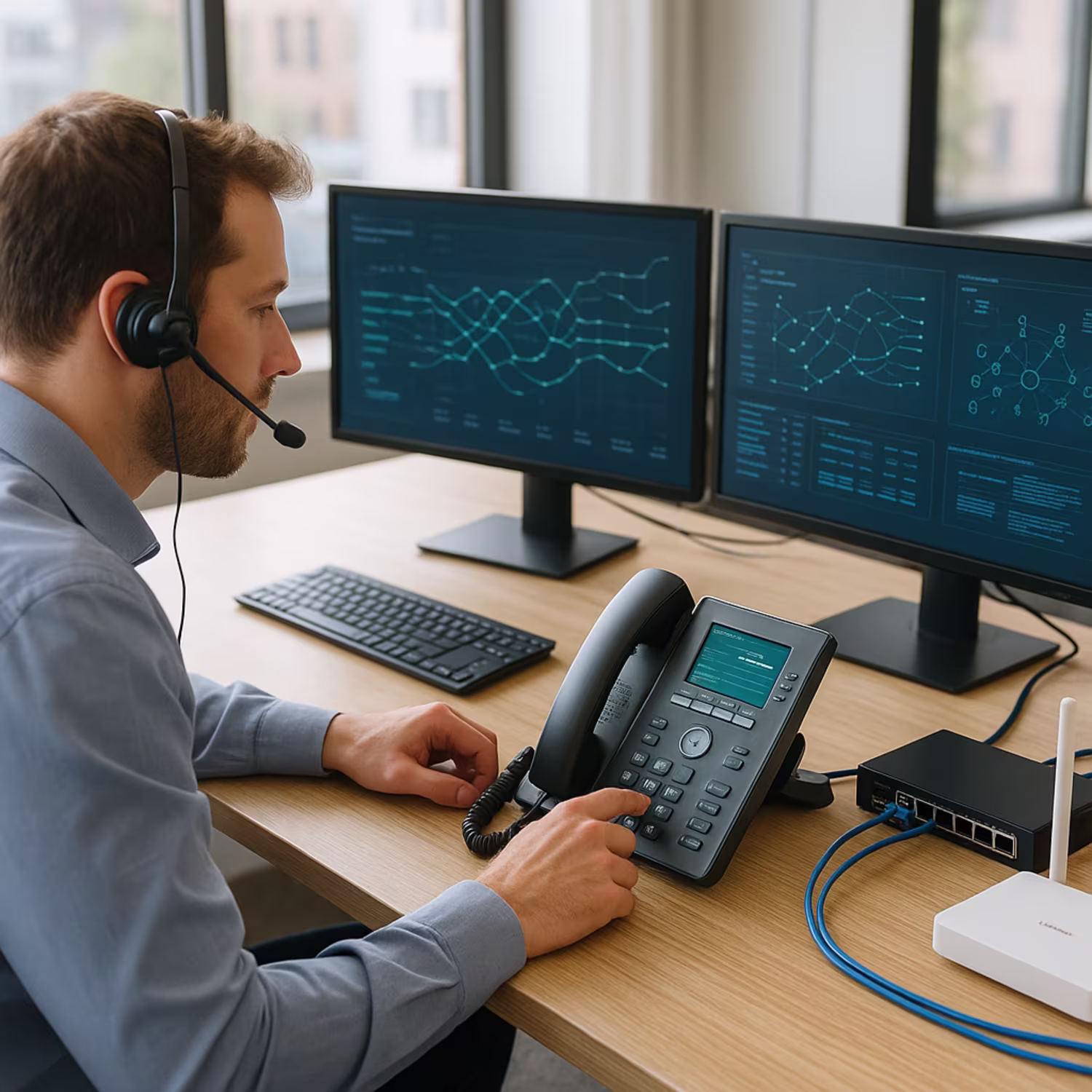 Employee using VoIP in modern workspace