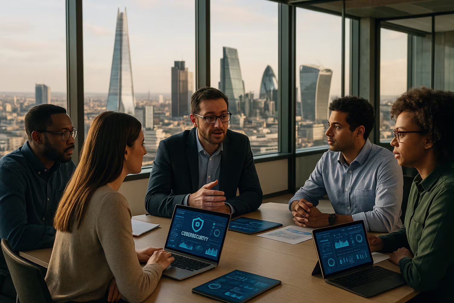 Cybersecurity team strategizing, modern London office