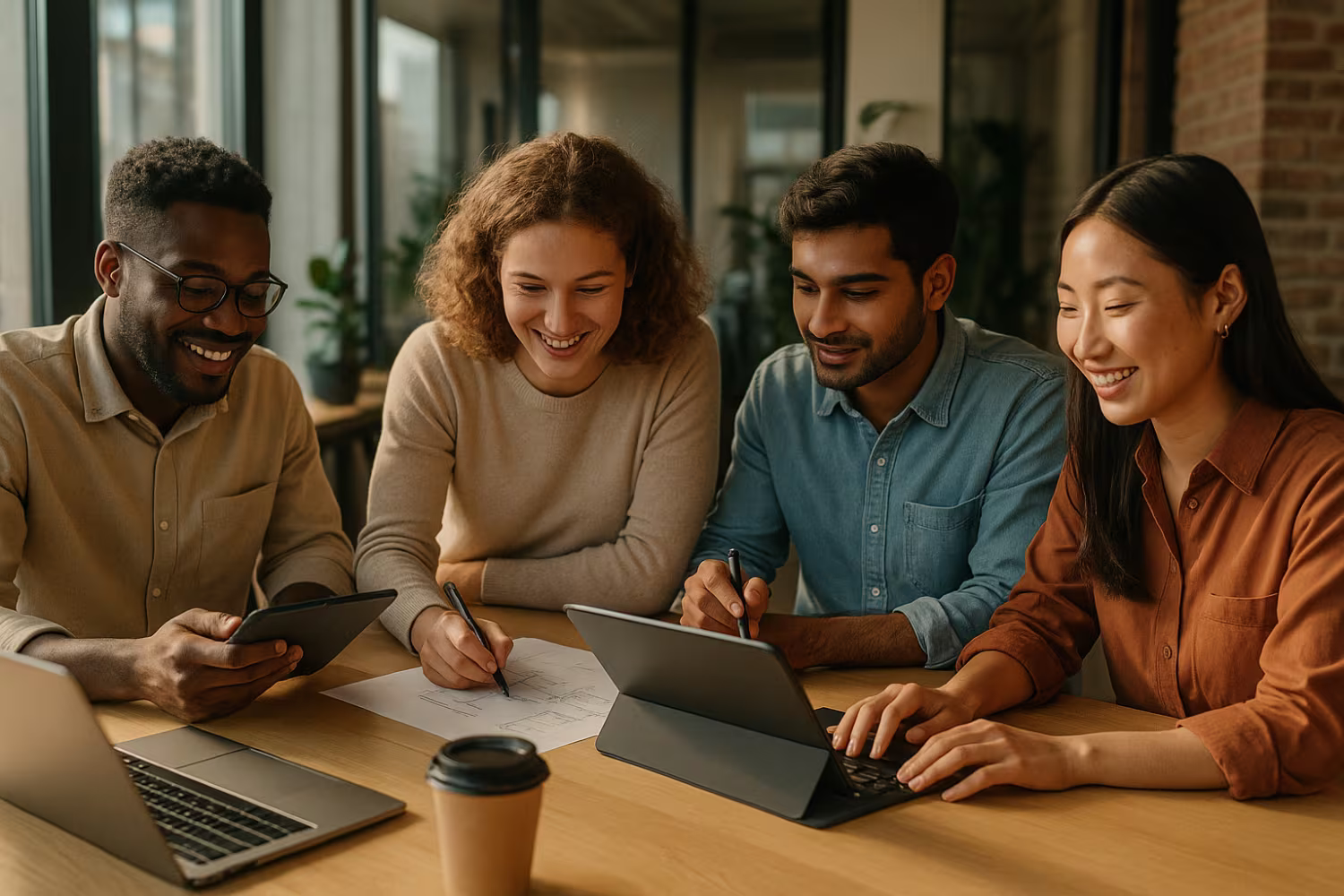 Diverse team collaborating using business technology