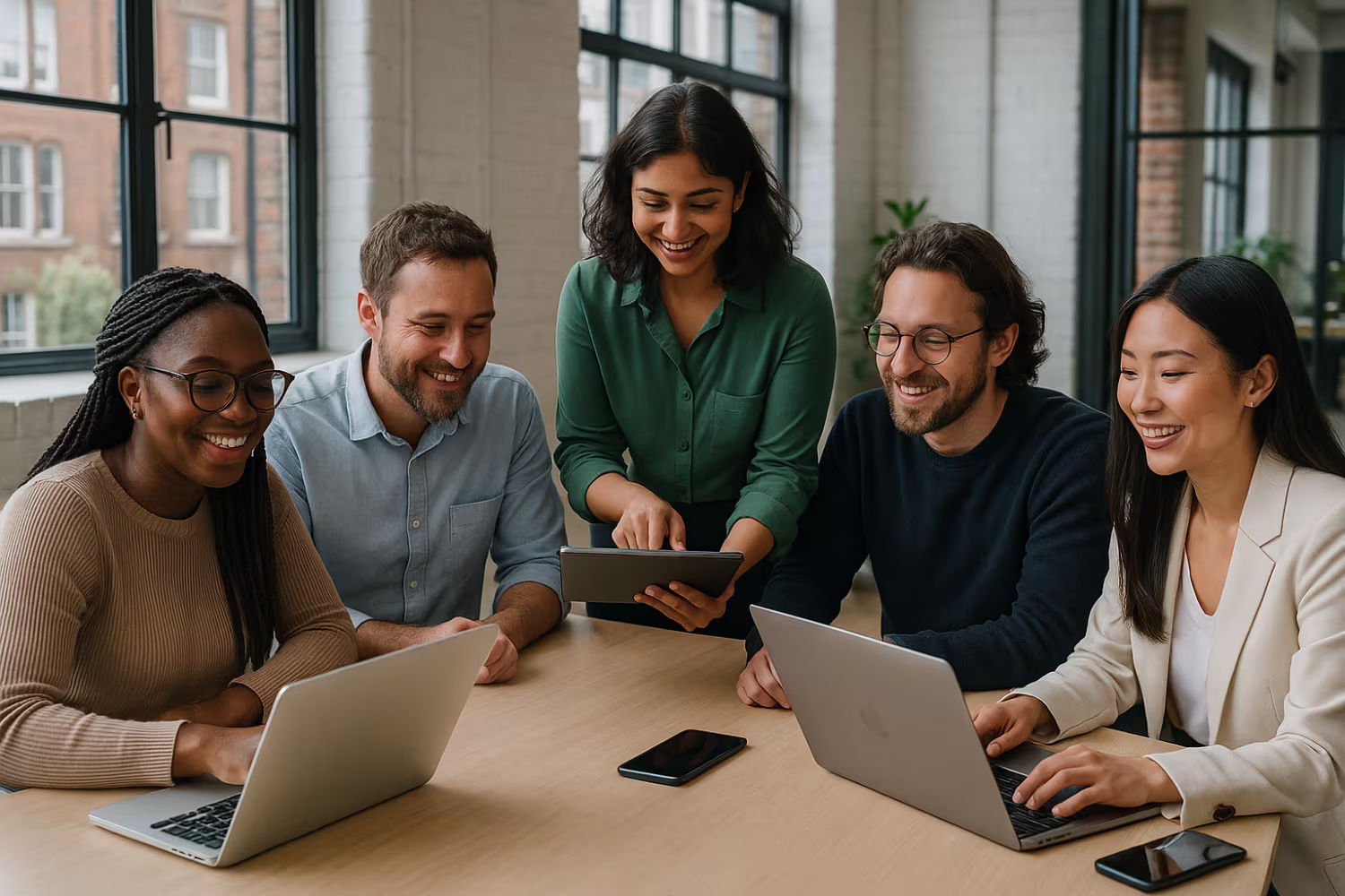 Diverse team collaborating on technology in business