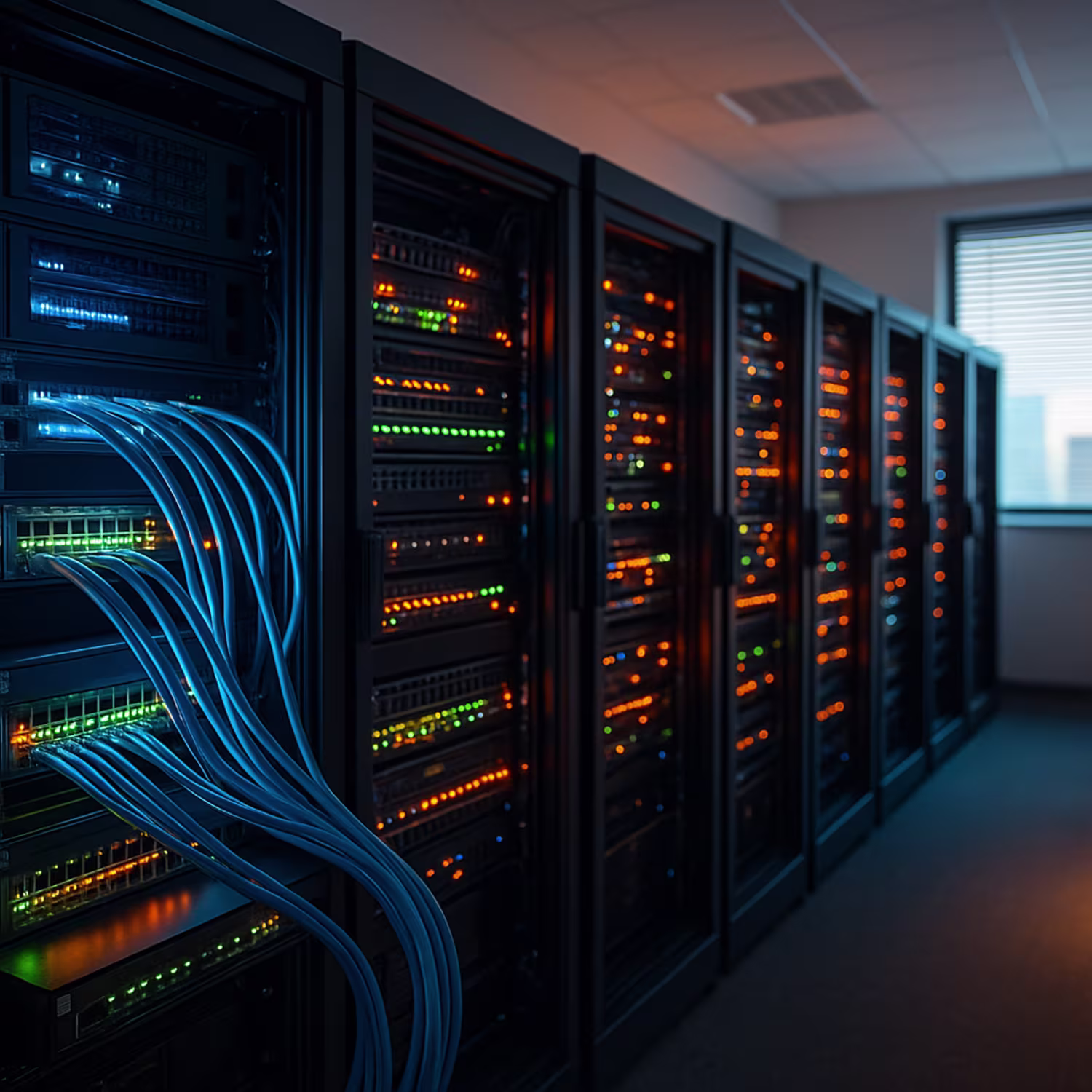 LED-lit server racks showcasing network segmentation