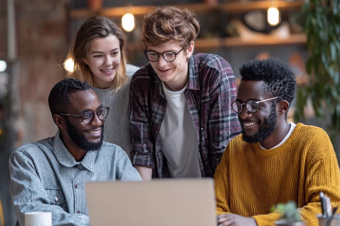 Multicultural team discussing remote workforce solutions