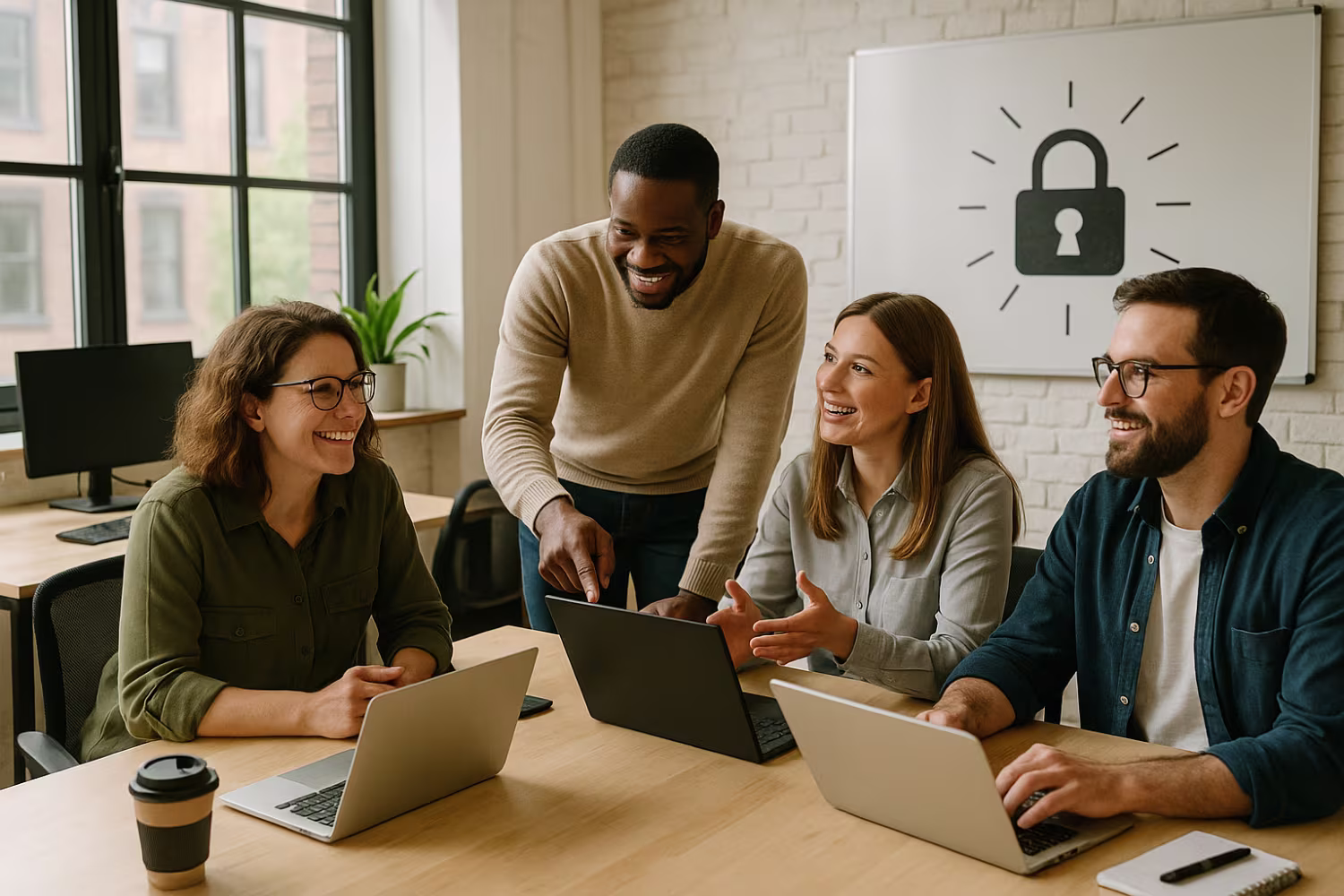 Team discussing cybersecurity in office