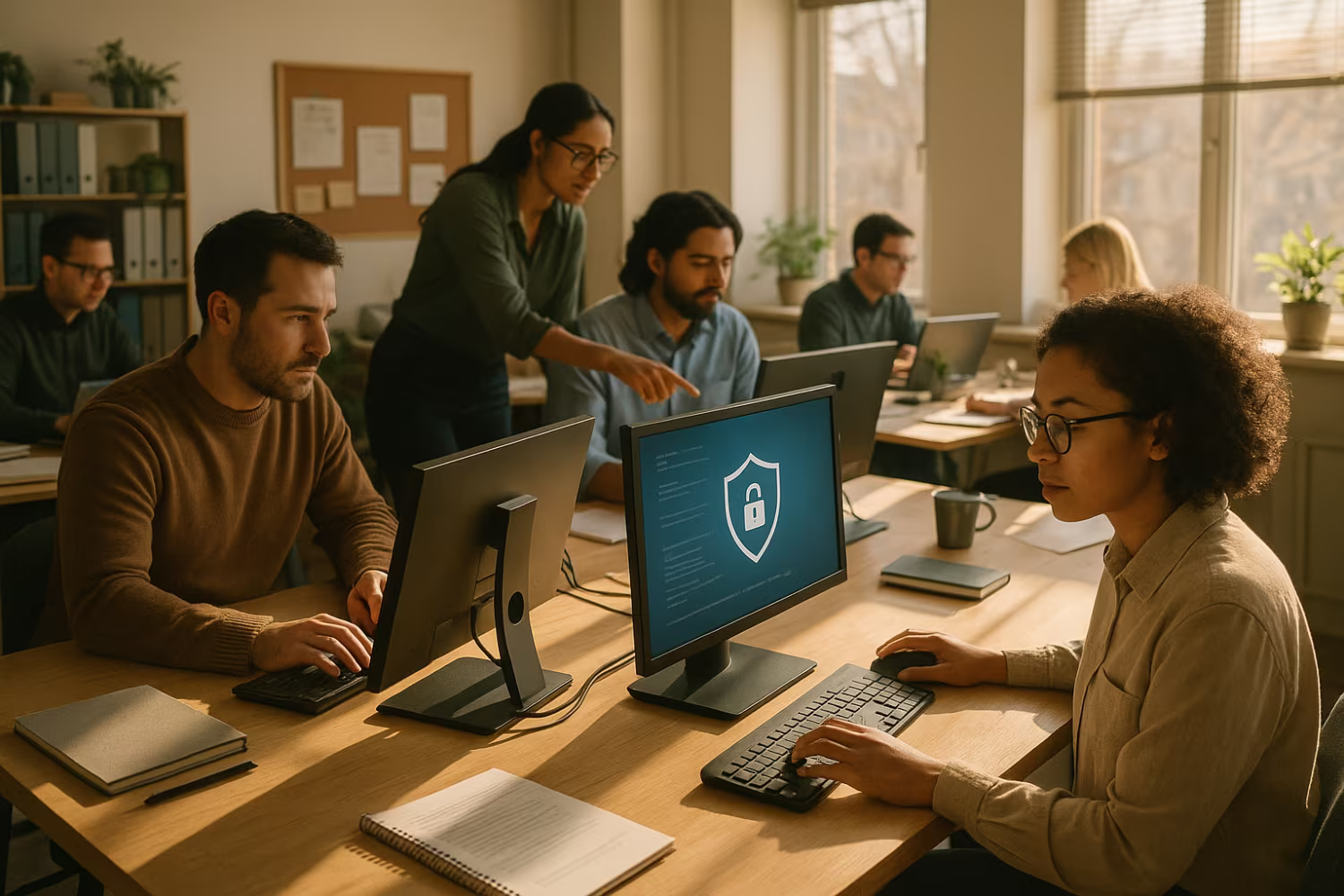 Diverse team practicing cybersecurity vigilance