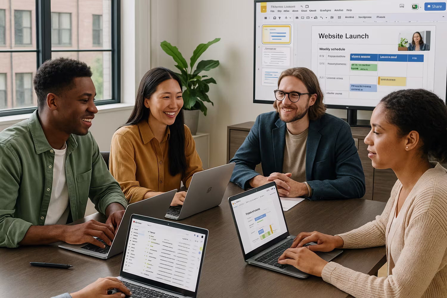 Diverse team using Google Workspace in bright office
