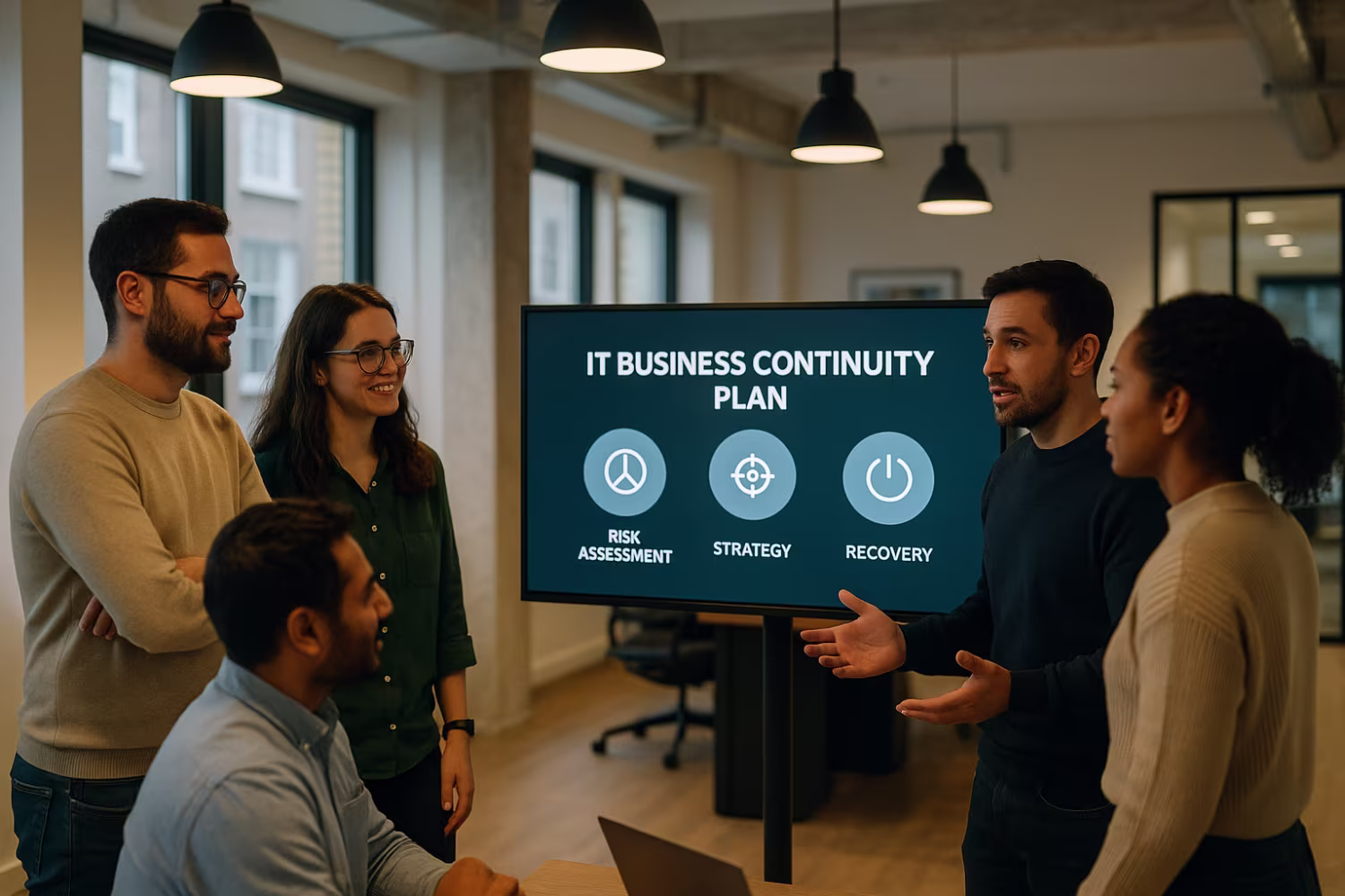 Professionals discussing IT business continuity plan