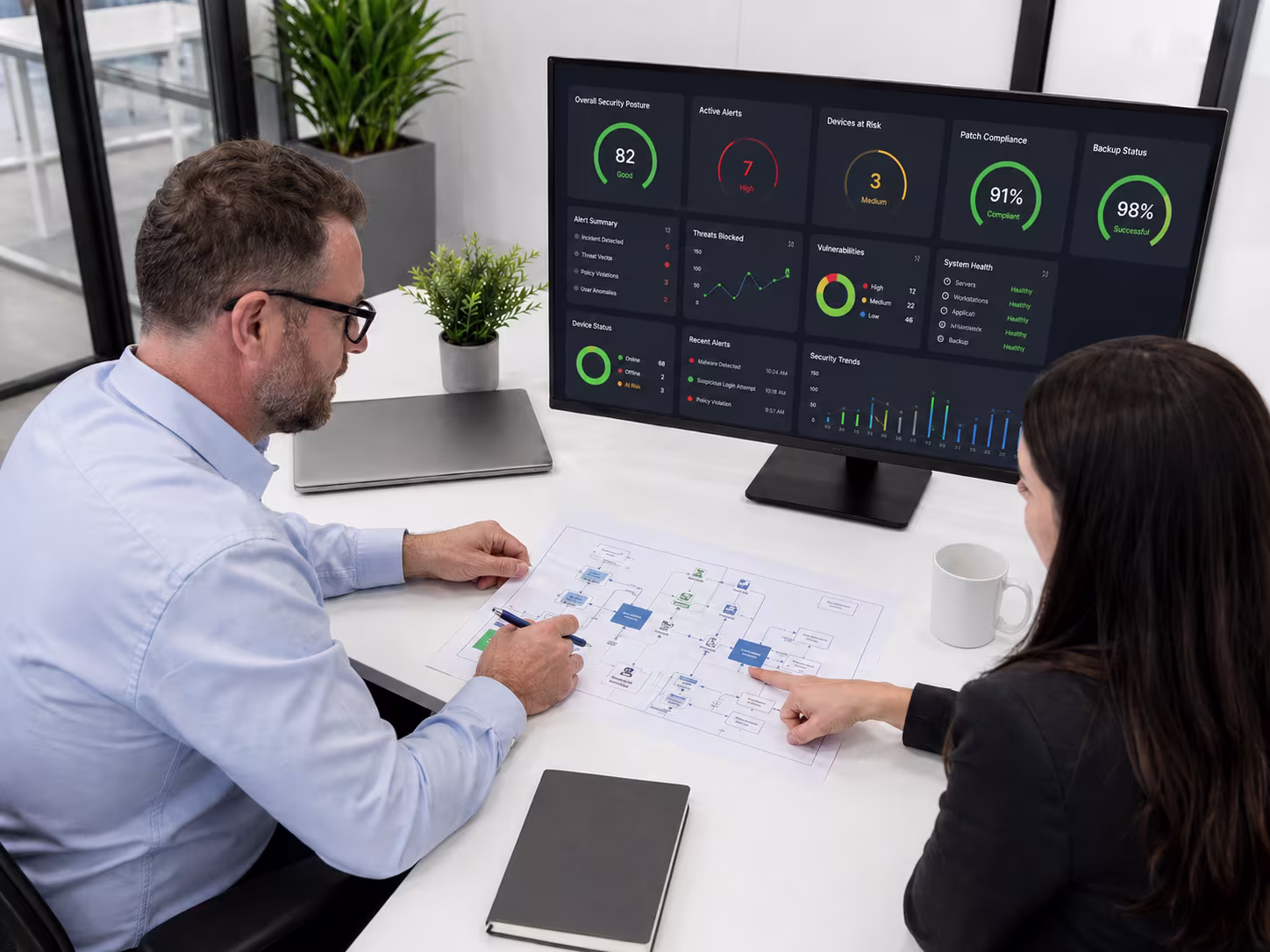 Data protection consultant analyzing charts
