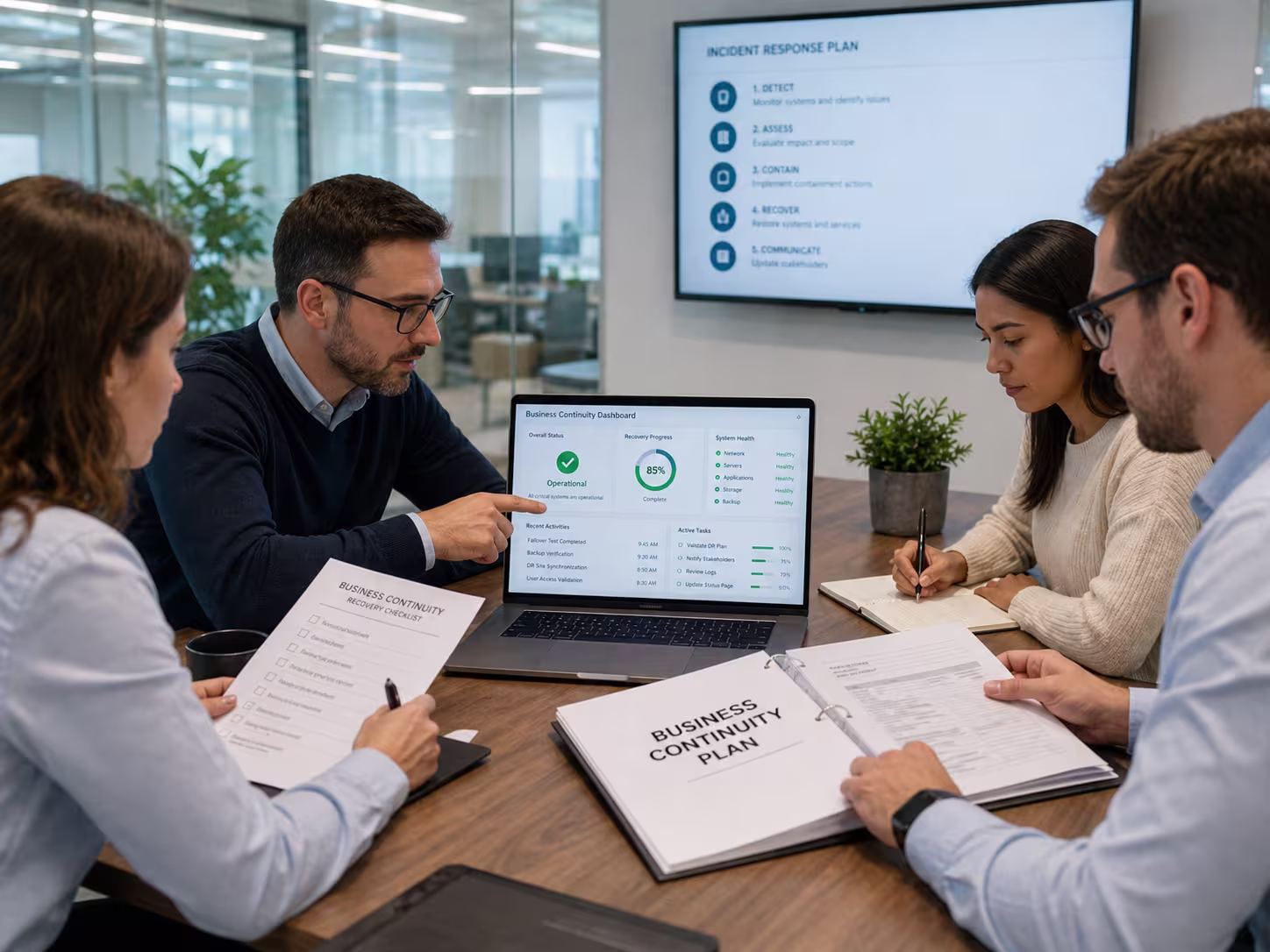 IT professionals executing business continuity plan